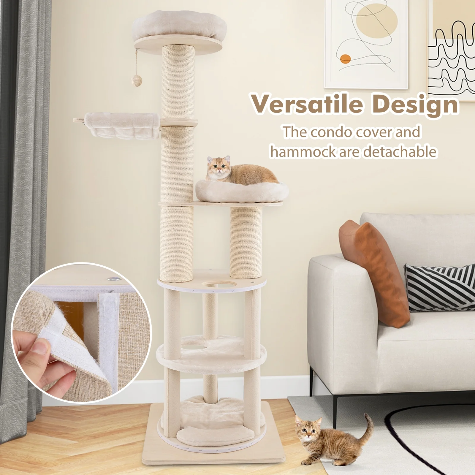 74 Inches Tall Wooden Cat Tower, 2-Story Cat Condo, Washable Cushions, Natural - Image 6