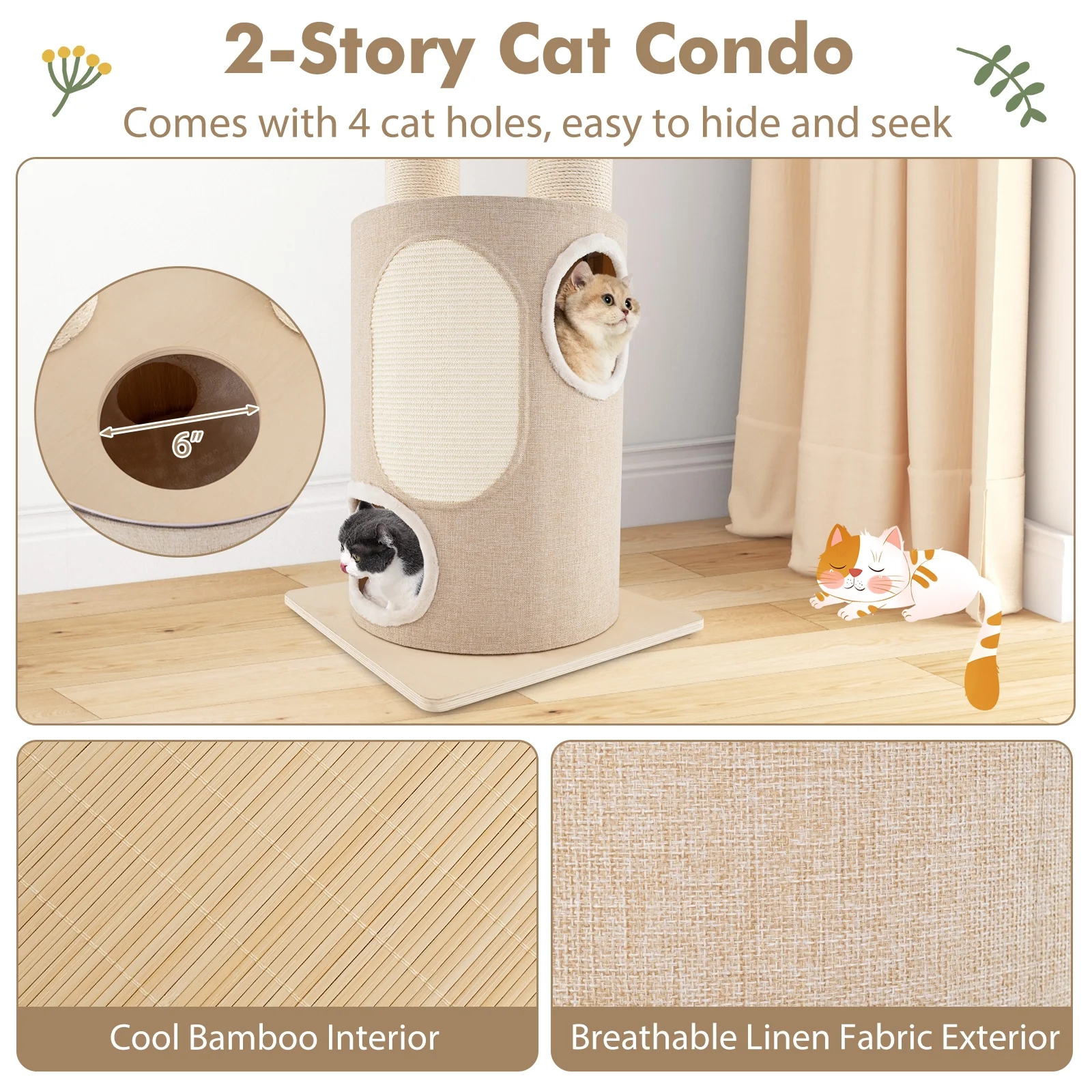 74 Inches Tall Wooden Cat Tower, 2-Story Cat Condo, Washable Cushions, Natural - Image 7