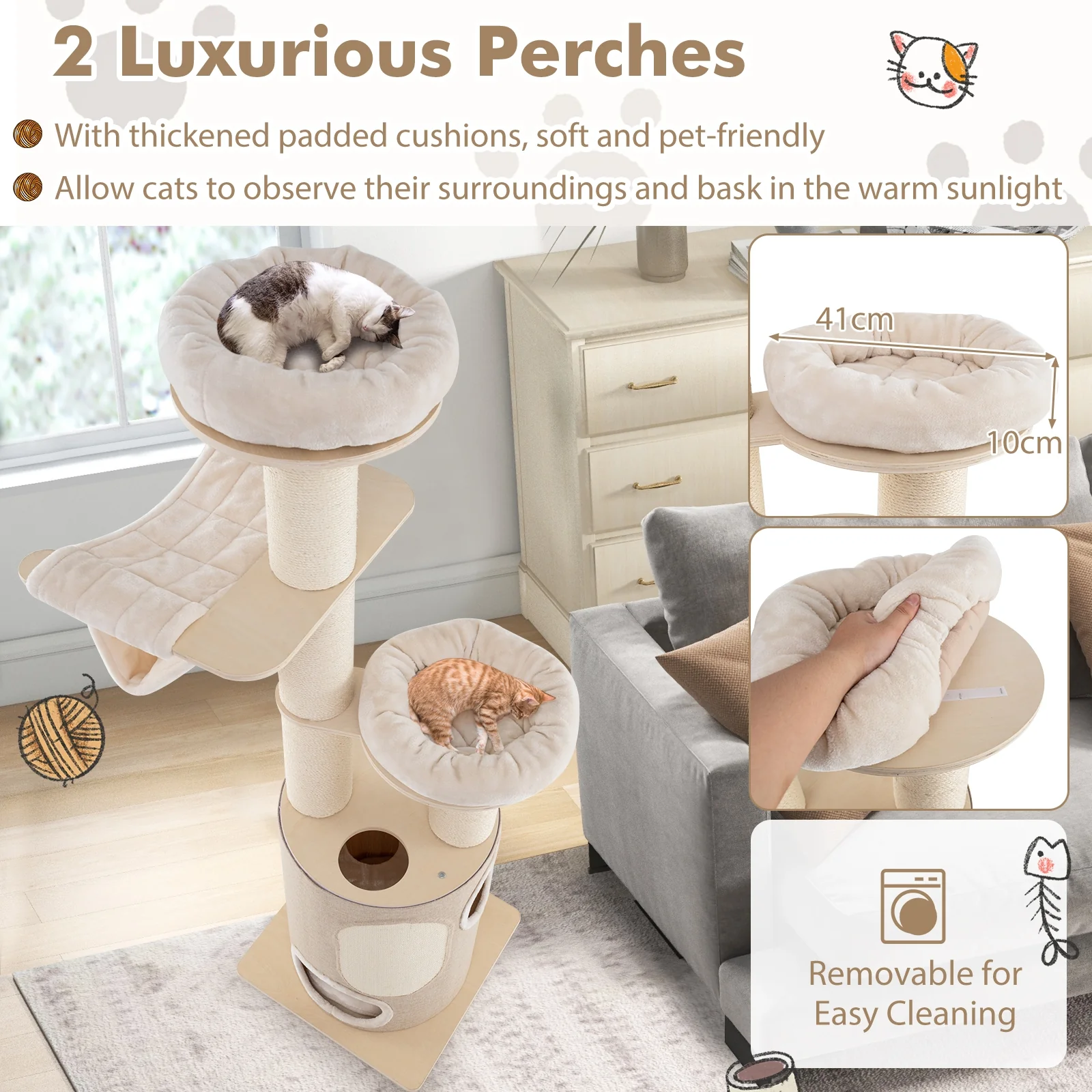 74 Inches Tall Wooden Cat Tower, 2-Story Cat Condo, Washable Cushions, Natural - Image 9