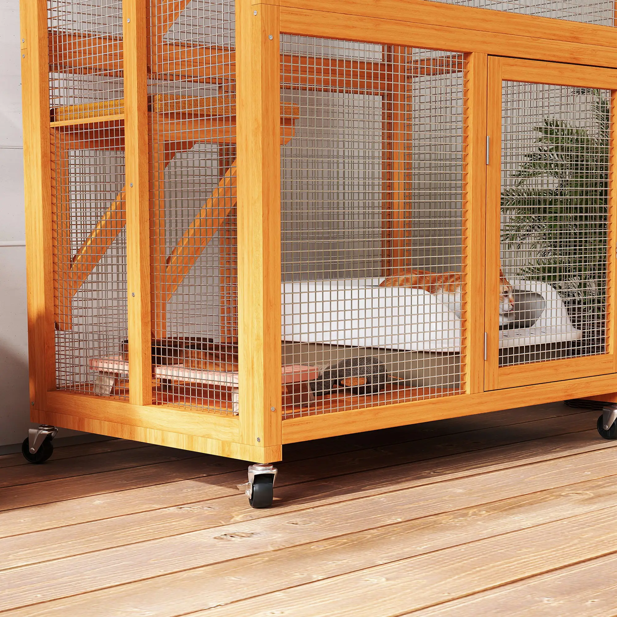 74" Wooden Outdoor Cat House, Weatherproof, Wheeled, High Weight Capacity, Orange - Image 10