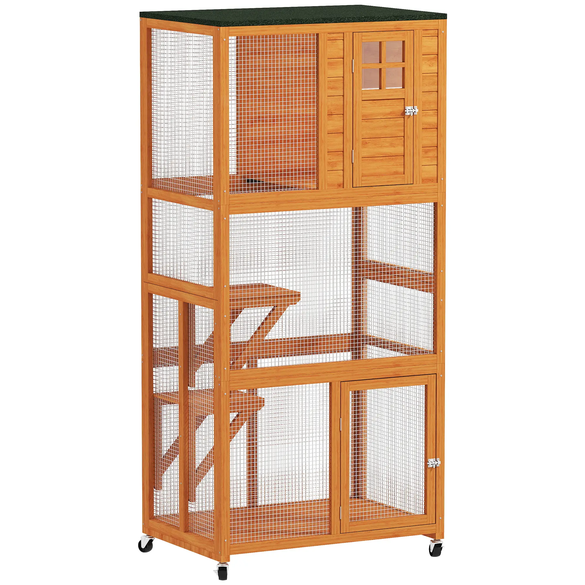 74" Wooden Outdoor Cat House, Weatherproof, Wheeled, High Weight Capacity, Orange - Image 11