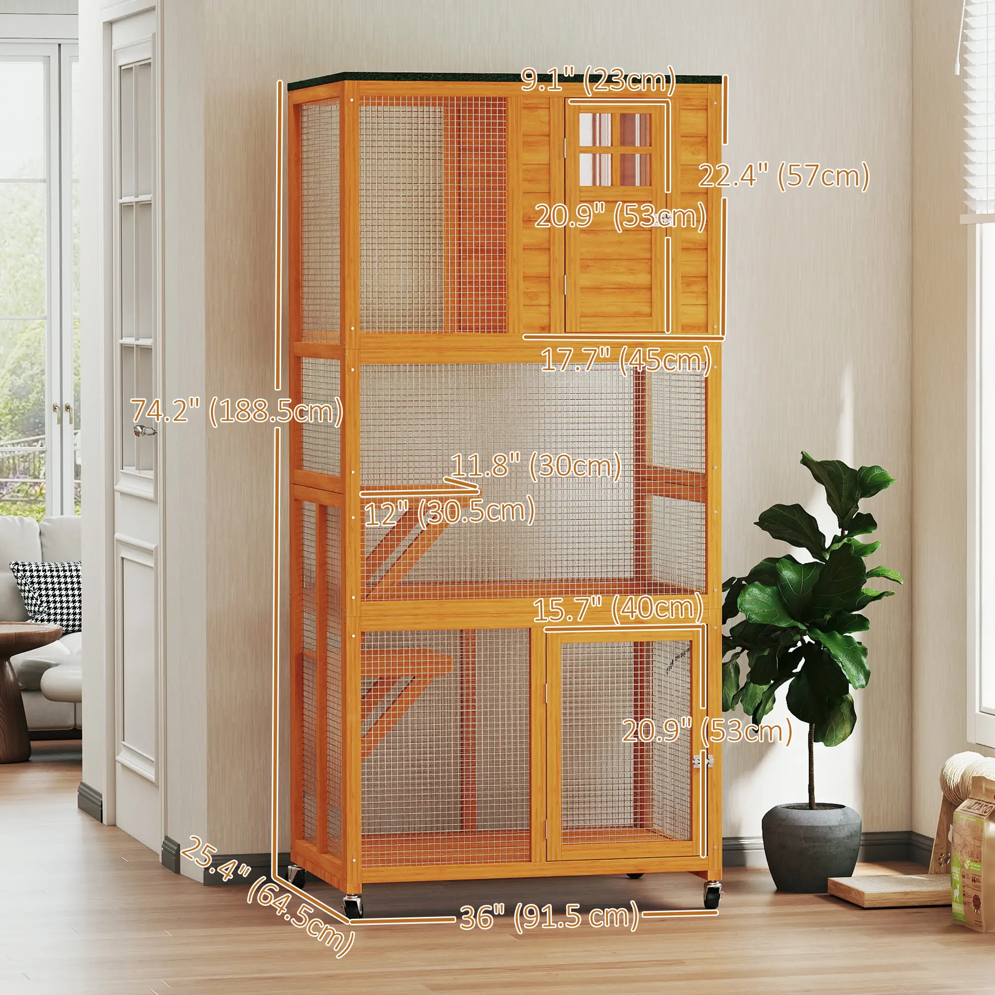 74" Wooden Outdoor Cat House, Weatherproof, Wheeled, High Weight Capacity, Orange - Image 3
