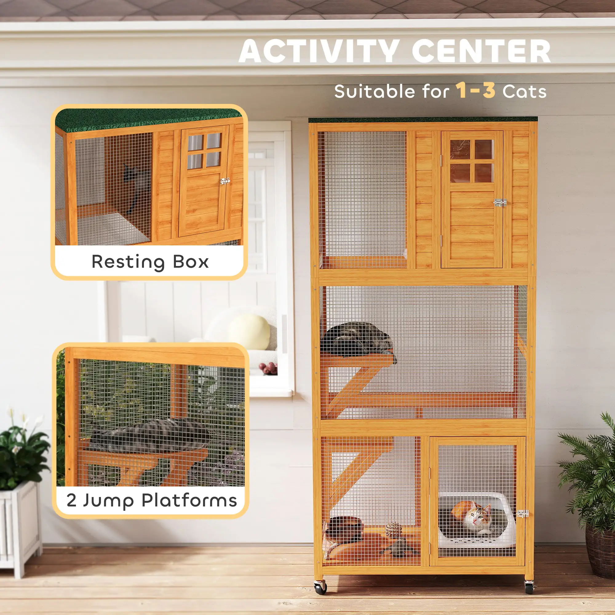 74" Wooden Outdoor Cat House, Weatherproof, Wheeled, High Weight Capacity, Orange - Image 4