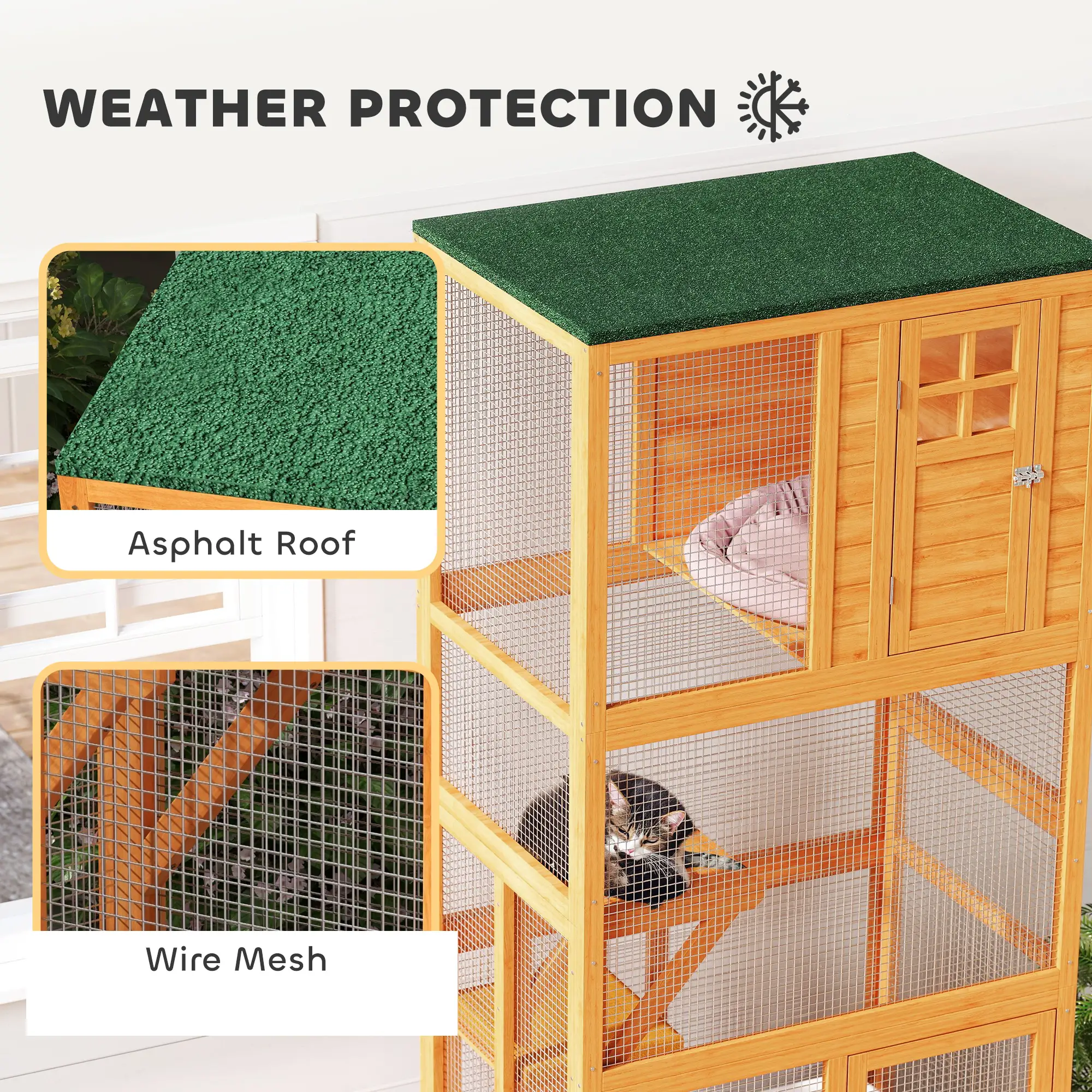 74" Wooden Outdoor Cat House, Weatherproof, Wheeled, High Weight Capacity, Orange - Image 5