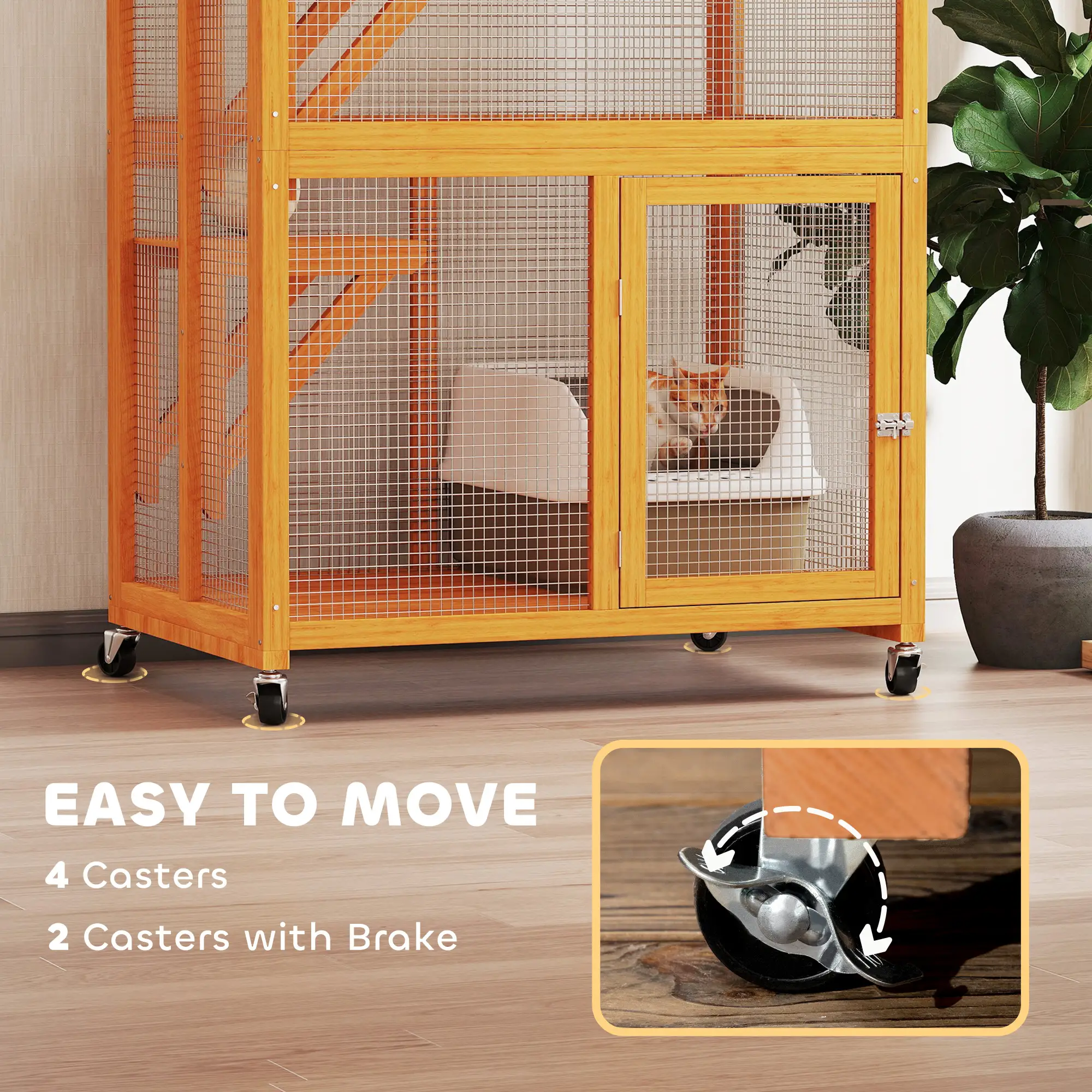 74" Wooden Outdoor Cat House, Weatherproof, Wheeled, High Weight Capacity, Orange - Image 6