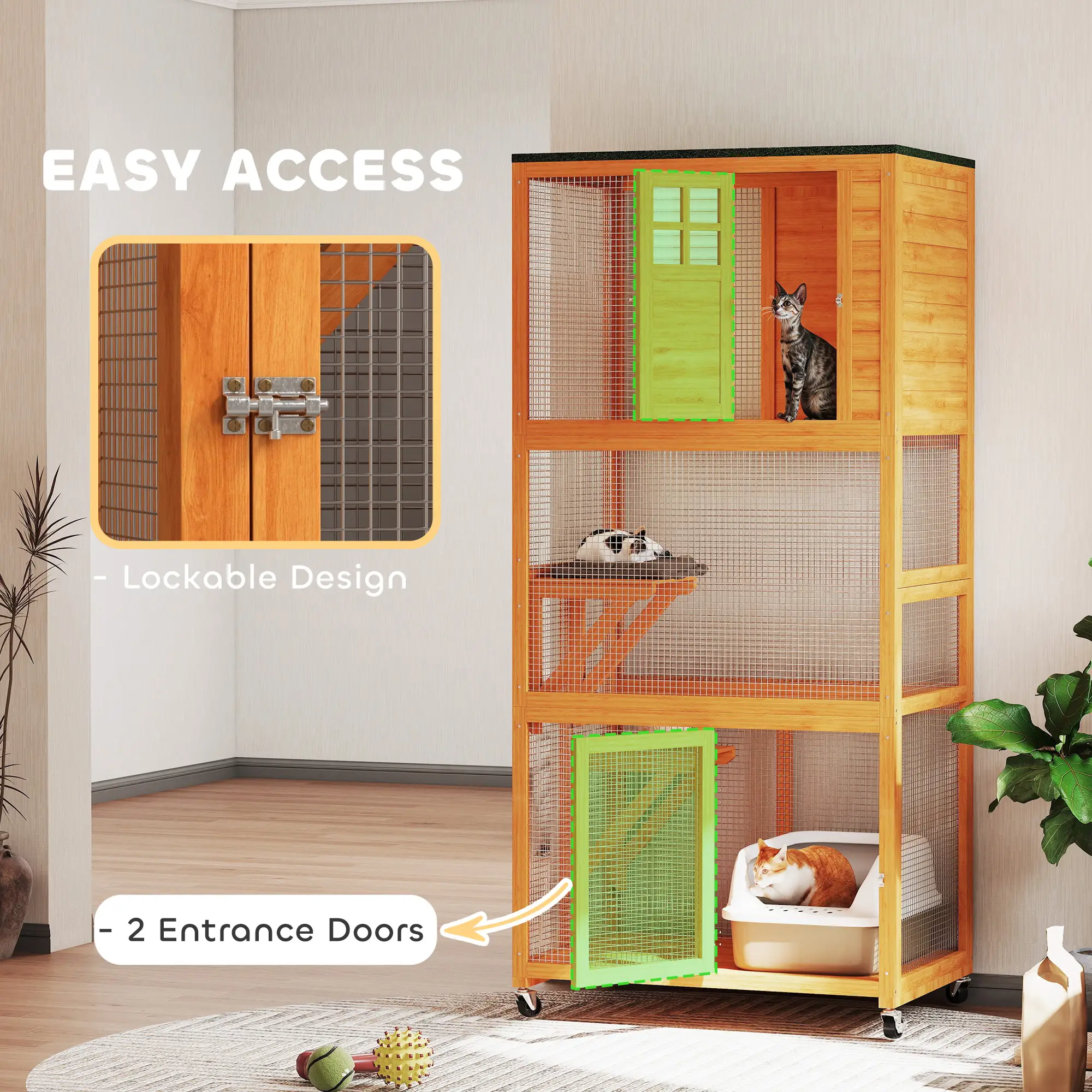 74" Wooden Outdoor Cat House, Weatherproof, Wheeled, High Weight Capacity, Orange - Image 7