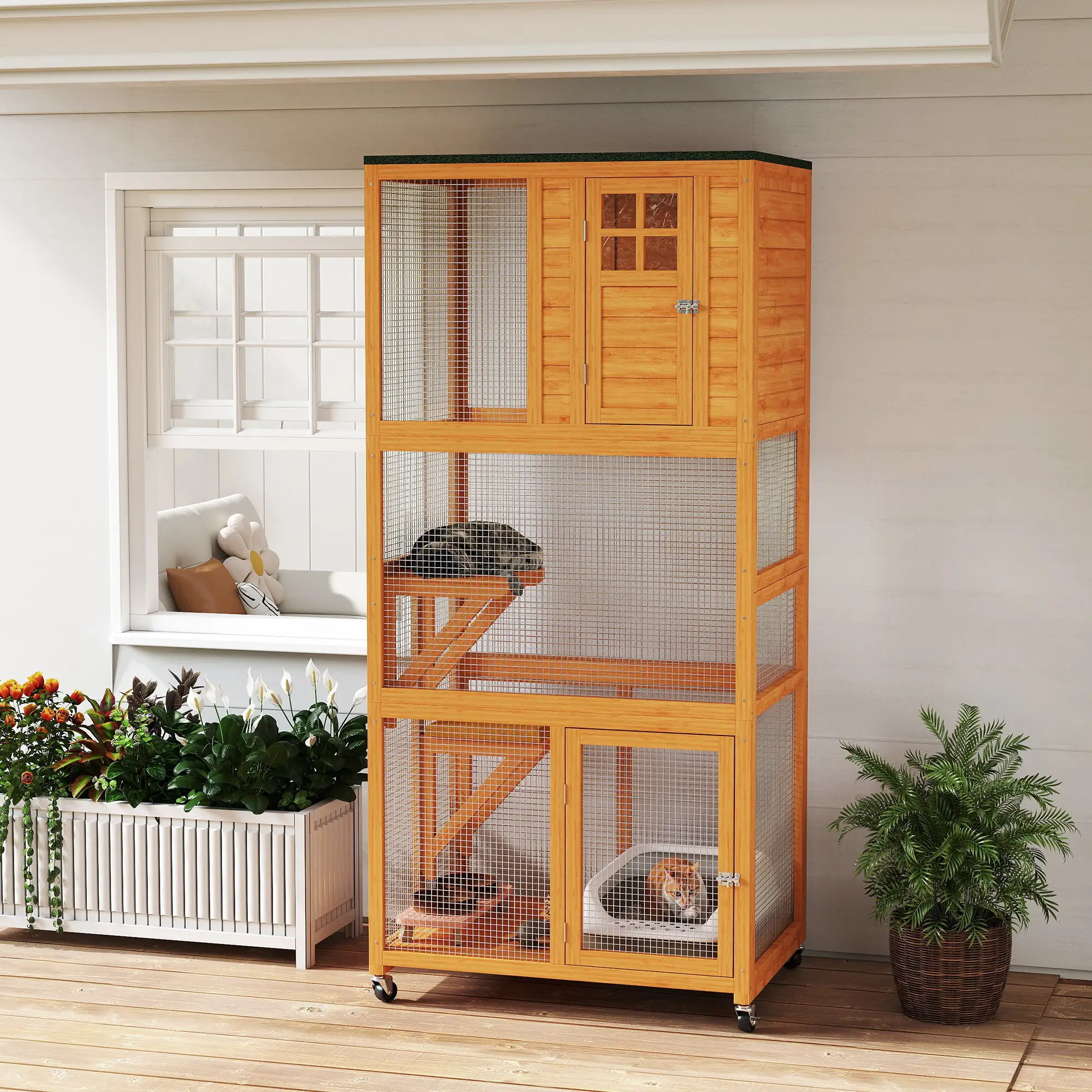 74" Wooden Outdoor Cat House, Weatherproof, Wheeled, High Weight Capacity, Orange - Image 8