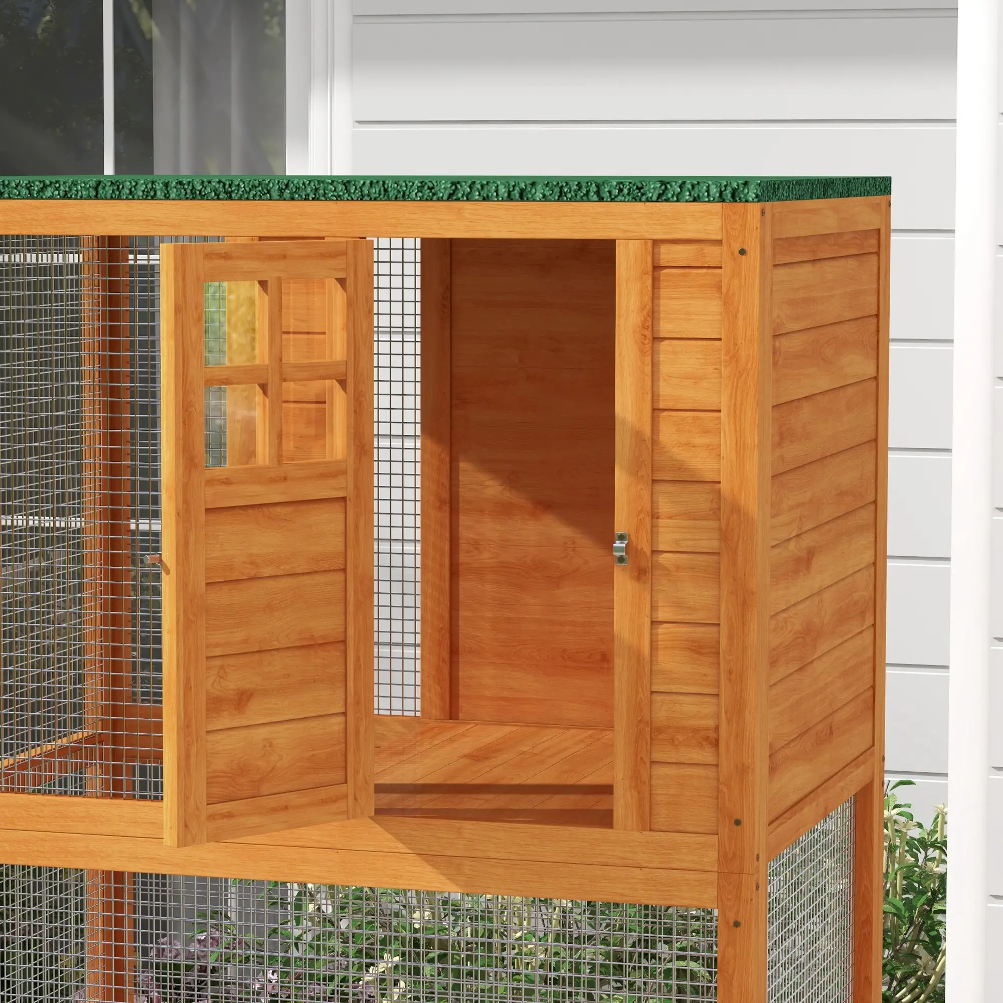74" Wooden Outdoor Cat House, Weatherproof, Wheeled, High Weight Capacity, Orange - Image 9
