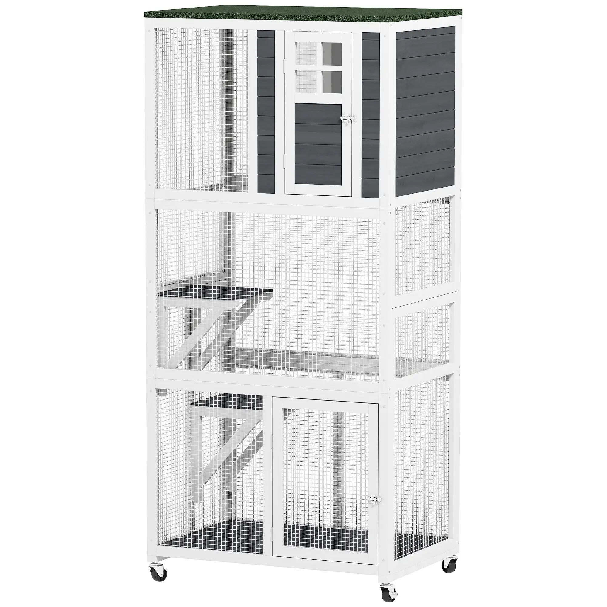 74" Wooden Outdoor Cat House, Weatherproof, Wheeled, High Weight Capacity, White - Image 11