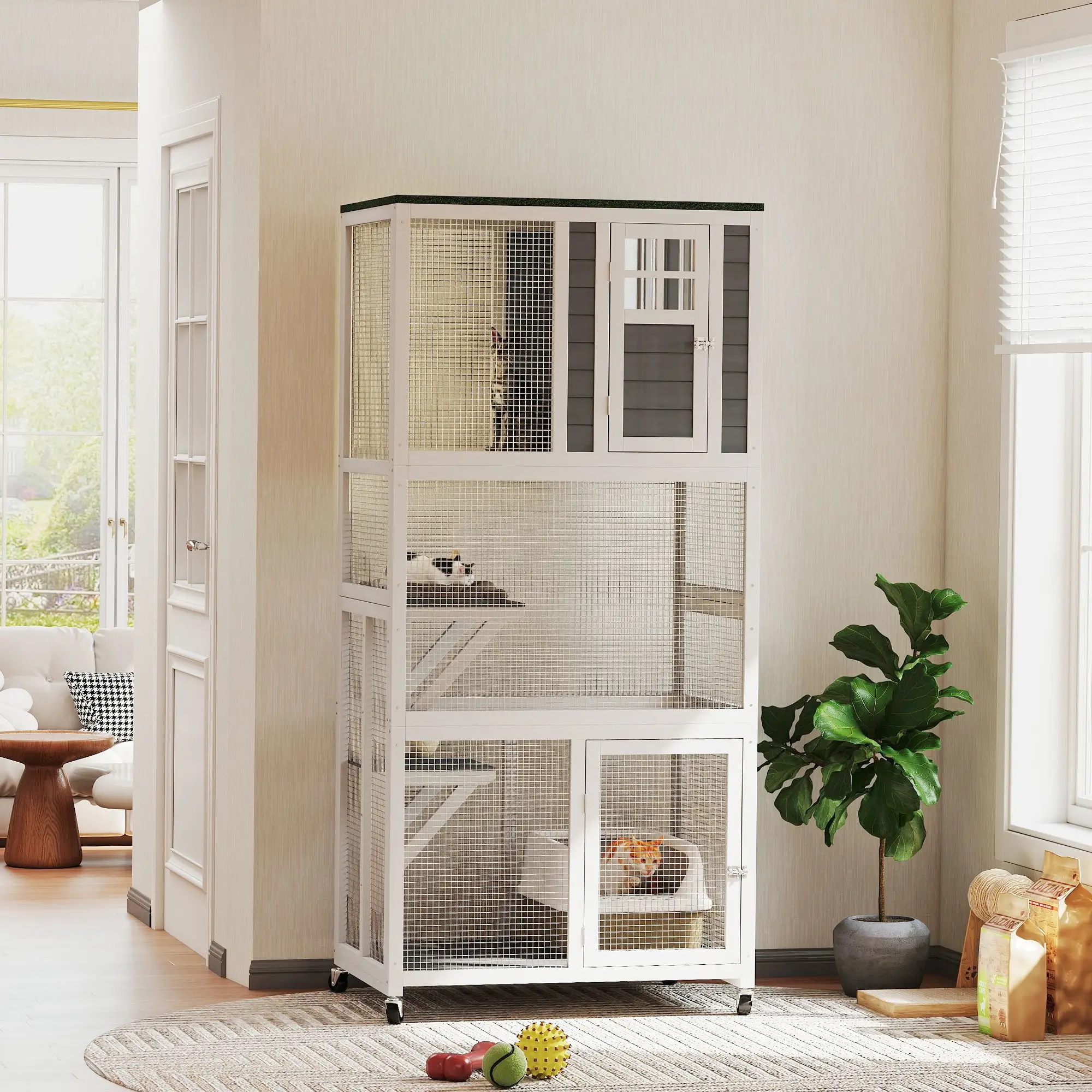 74" Wooden Outdoor Cat House, Weatherproof, Wheeled, High Weight Capacity, White - Image 2