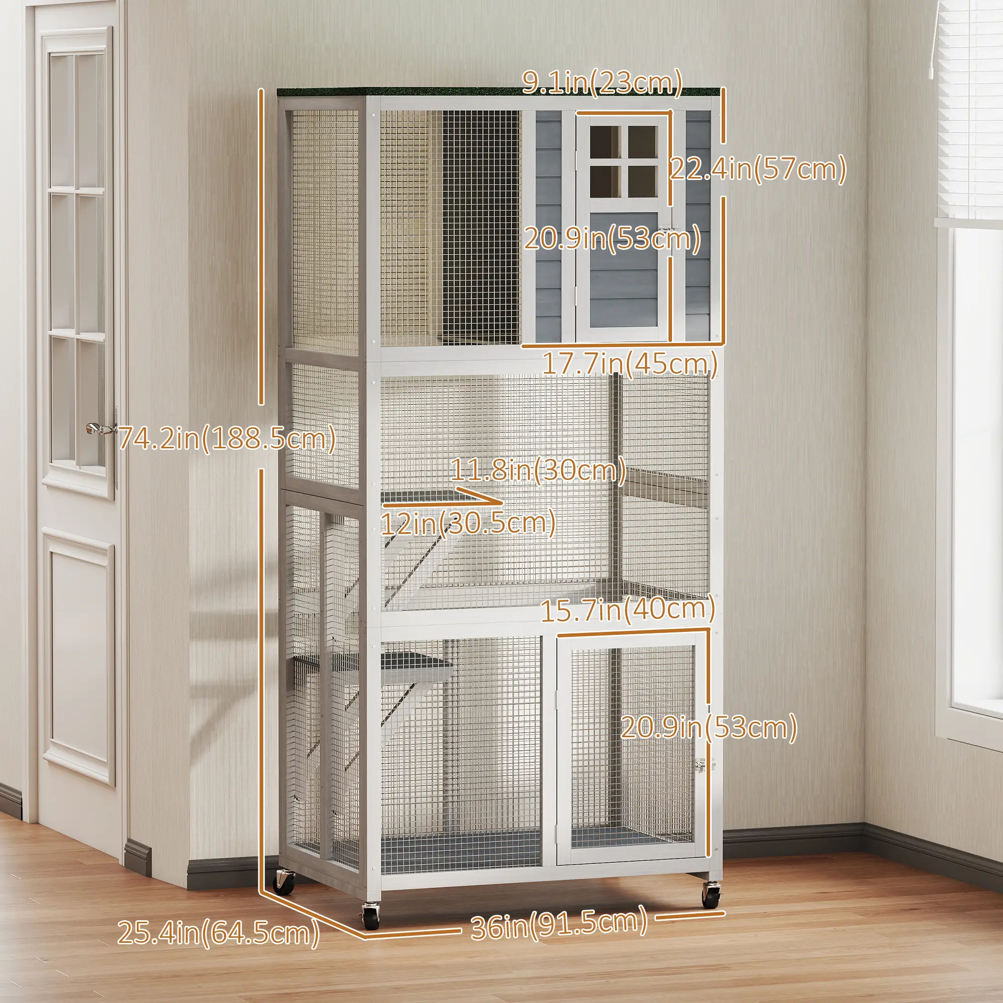 74" Wooden Outdoor Cat House, Weatherproof, Wheeled, High Weight Capacity, White - Image 3