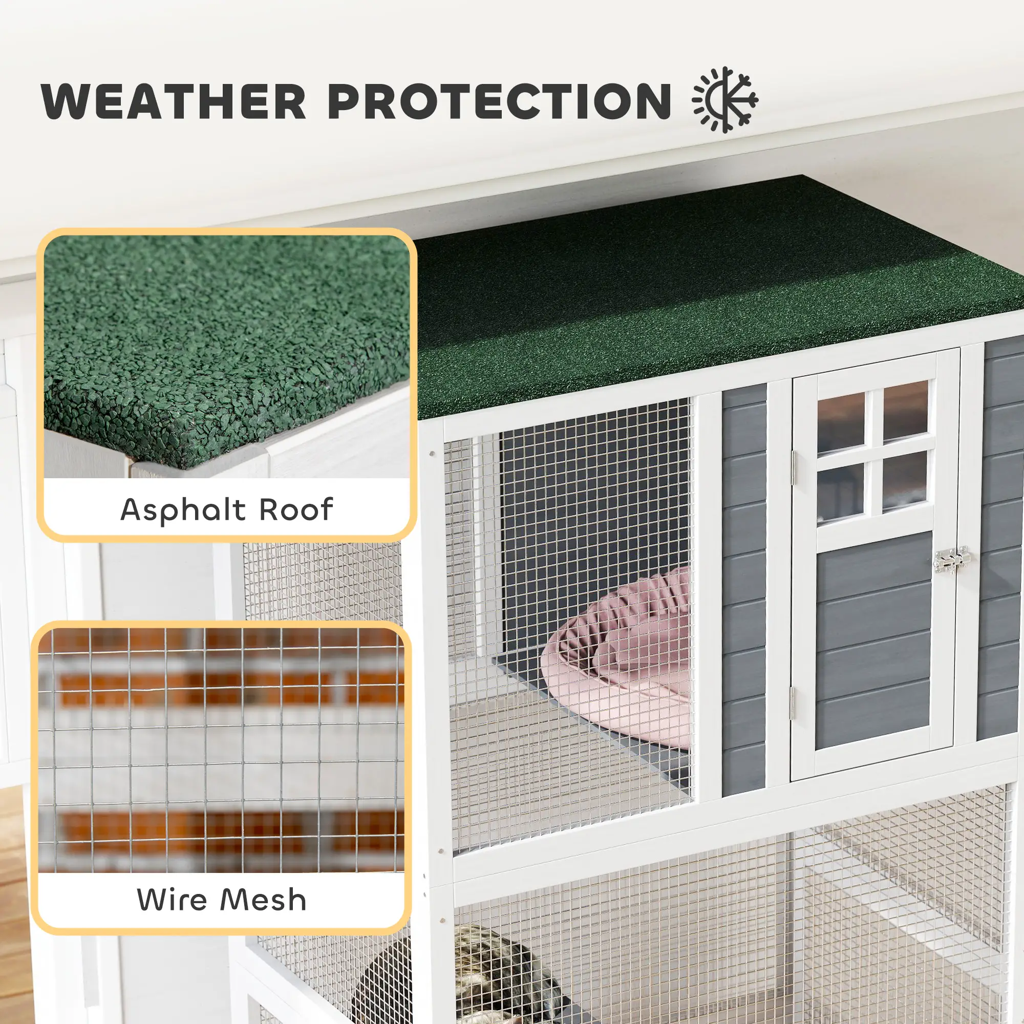 74" Wooden Outdoor Cat House, Weatherproof, Wheeled, High Weight Capacity, White - Image 5