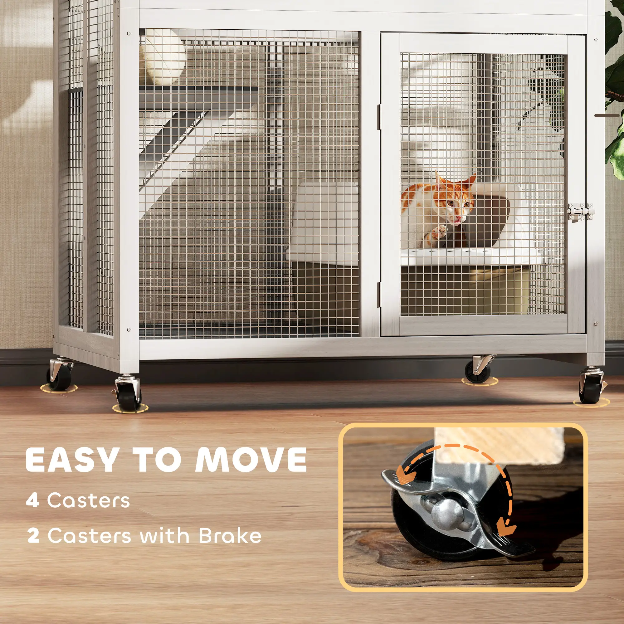 74" Wooden Outdoor Cat House, Weatherproof, Wheeled, High Weight Capacity, White - Image 6