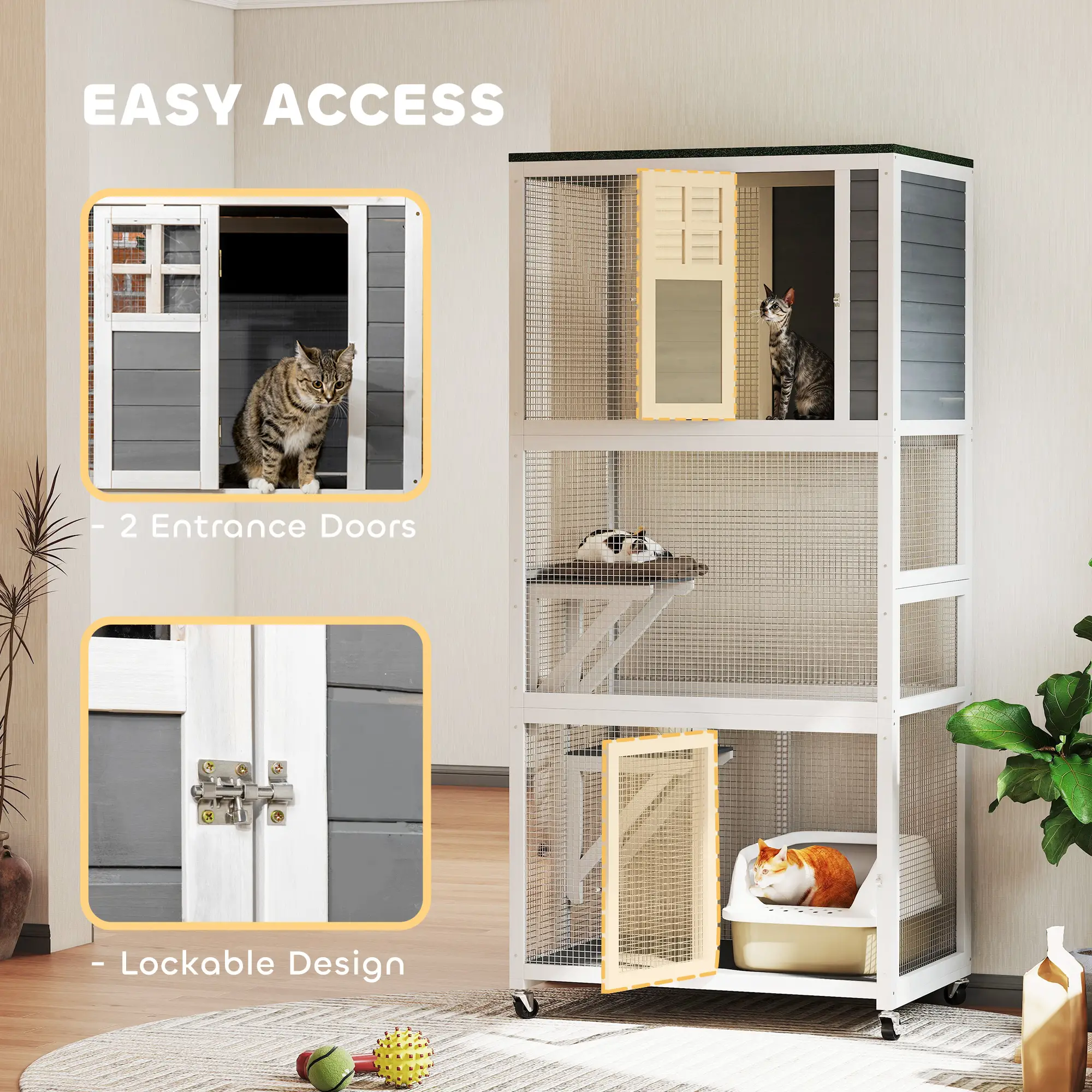 74" Wooden Outdoor Cat House, Weatherproof, Wheeled, High Weight Capacity, White - Image 7