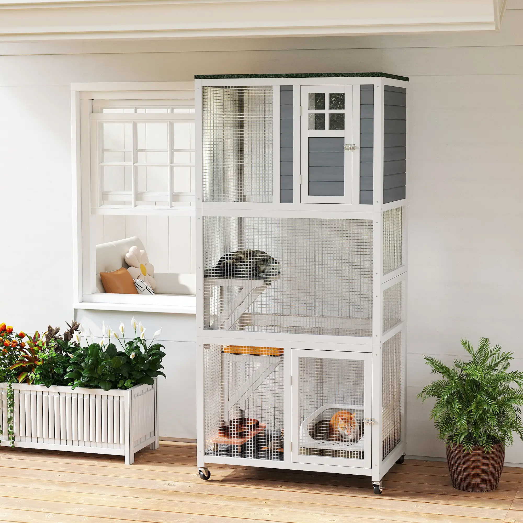 74" Wooden Outdoor Cat House, Weatherproof, Wheeled, High Weight Capacity, White - Image 8