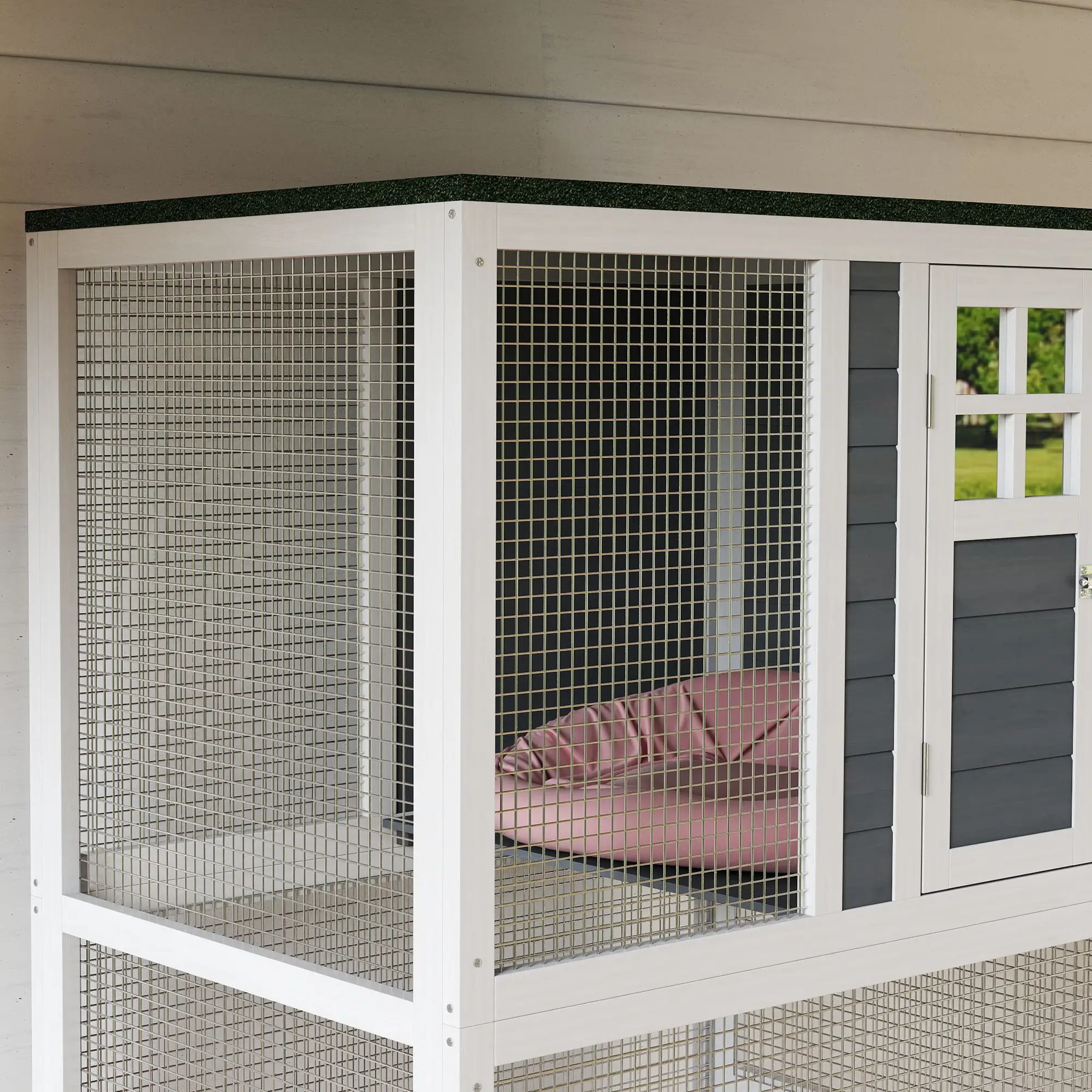 74" Wooden Outdoor Cat House, Weatherproof, Wheeled, High Weight Capacity, White - Image 9