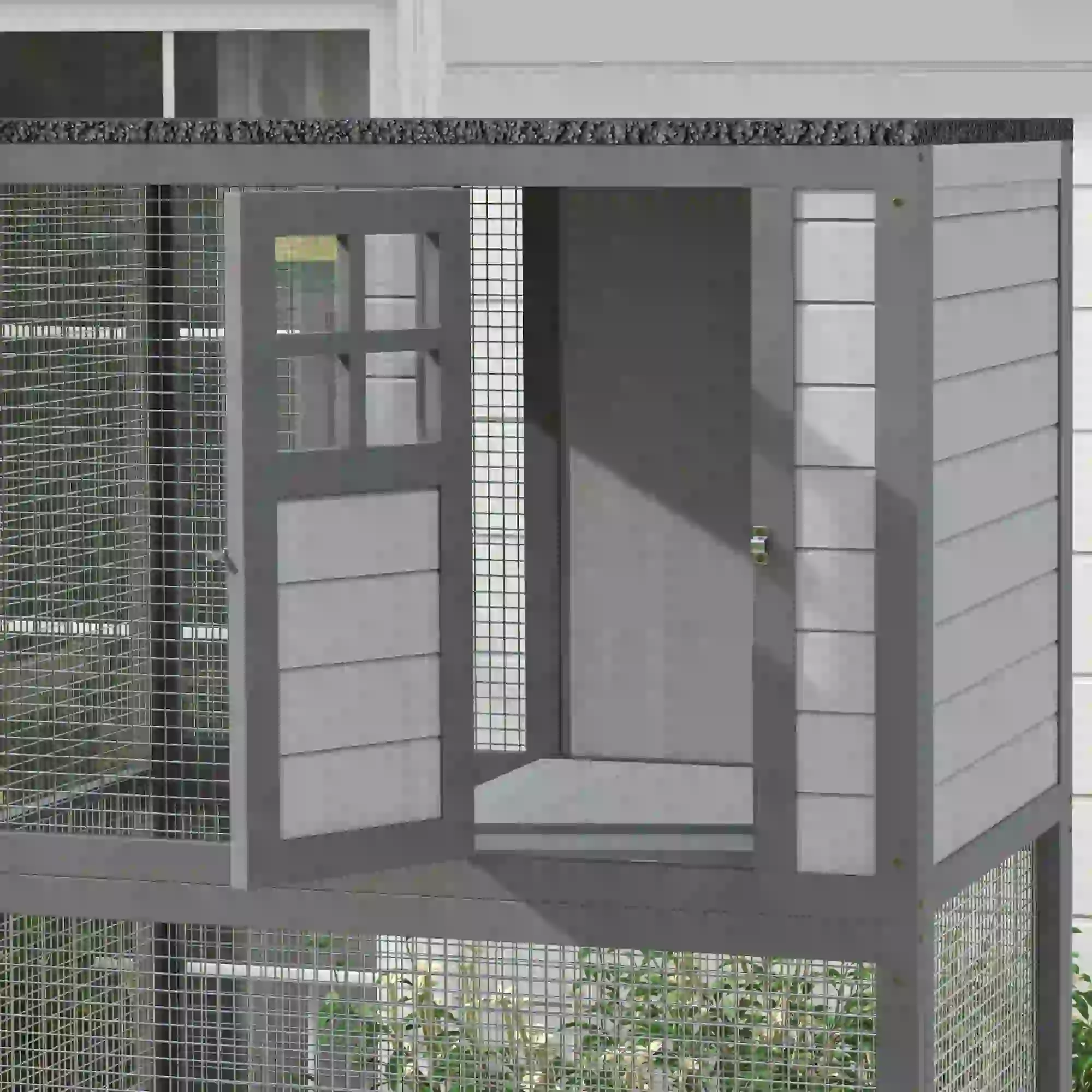 74" Wooden Outdoor Cat House, Weatherproof, Wheeled, Light Grey - Image 10