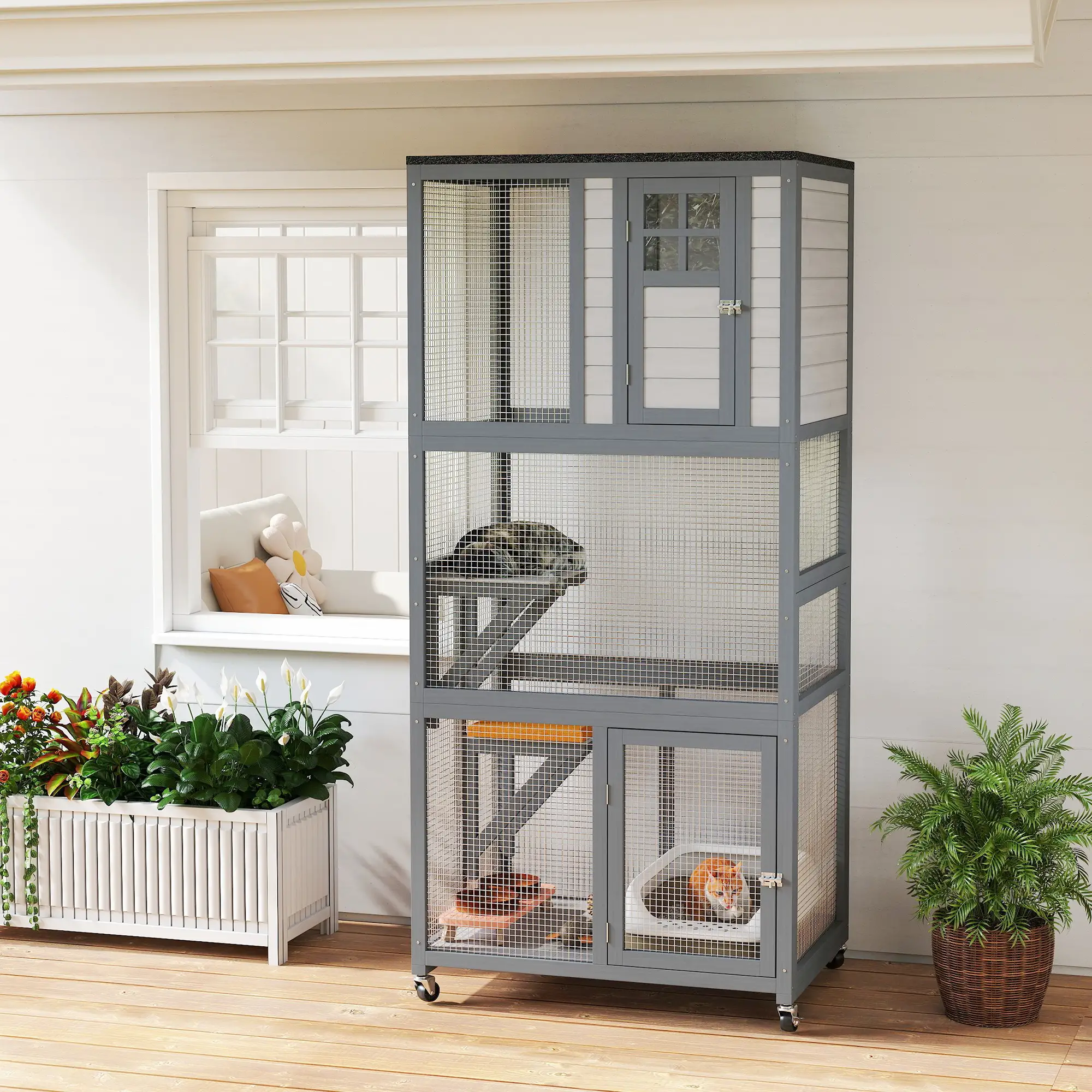 74" Wooden Outdoor Cat House, Weatherproof, Wheeled, Light Grey - Image 11