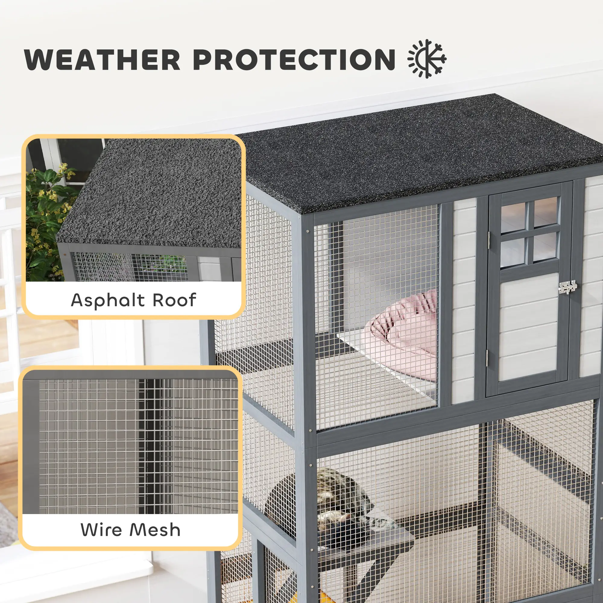 74" Wooden Outdoor Cat House, Weatherproof, Wheeled, Light Grey - Image 5