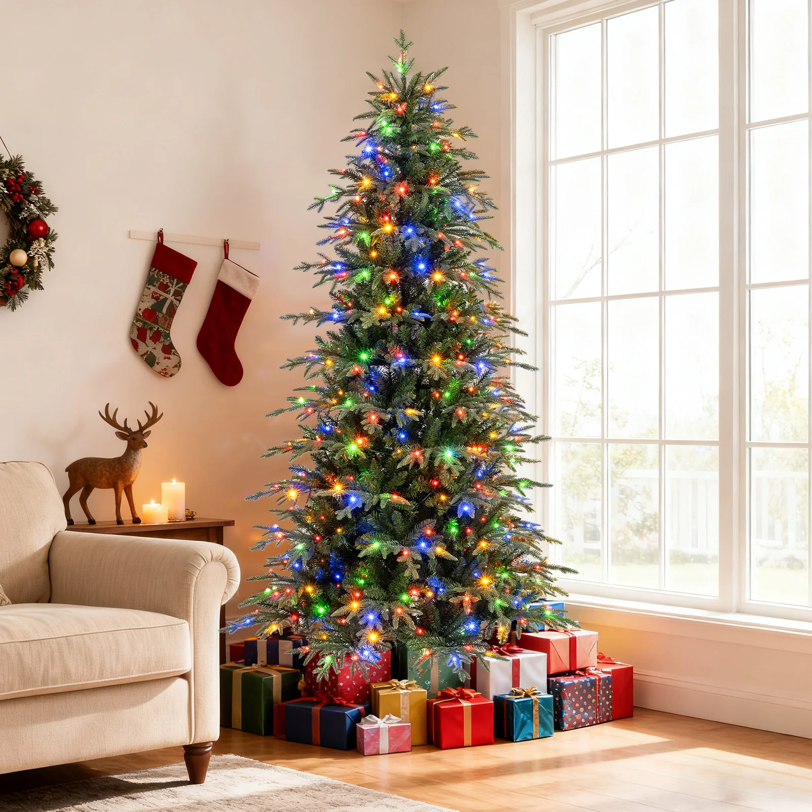 7.5 Feet Pre-Lit Artificial Christmas Tree Hinged Xmas Tree with LED Lights - Image 2