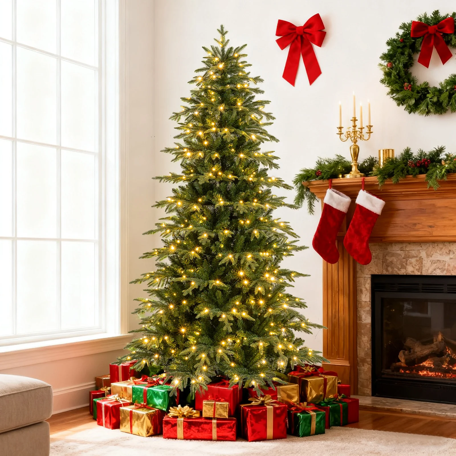 7.5 Feet Pre-Lit Artificial Christmas Tree Hinged Xmas Tree with LED Lights - Image 3