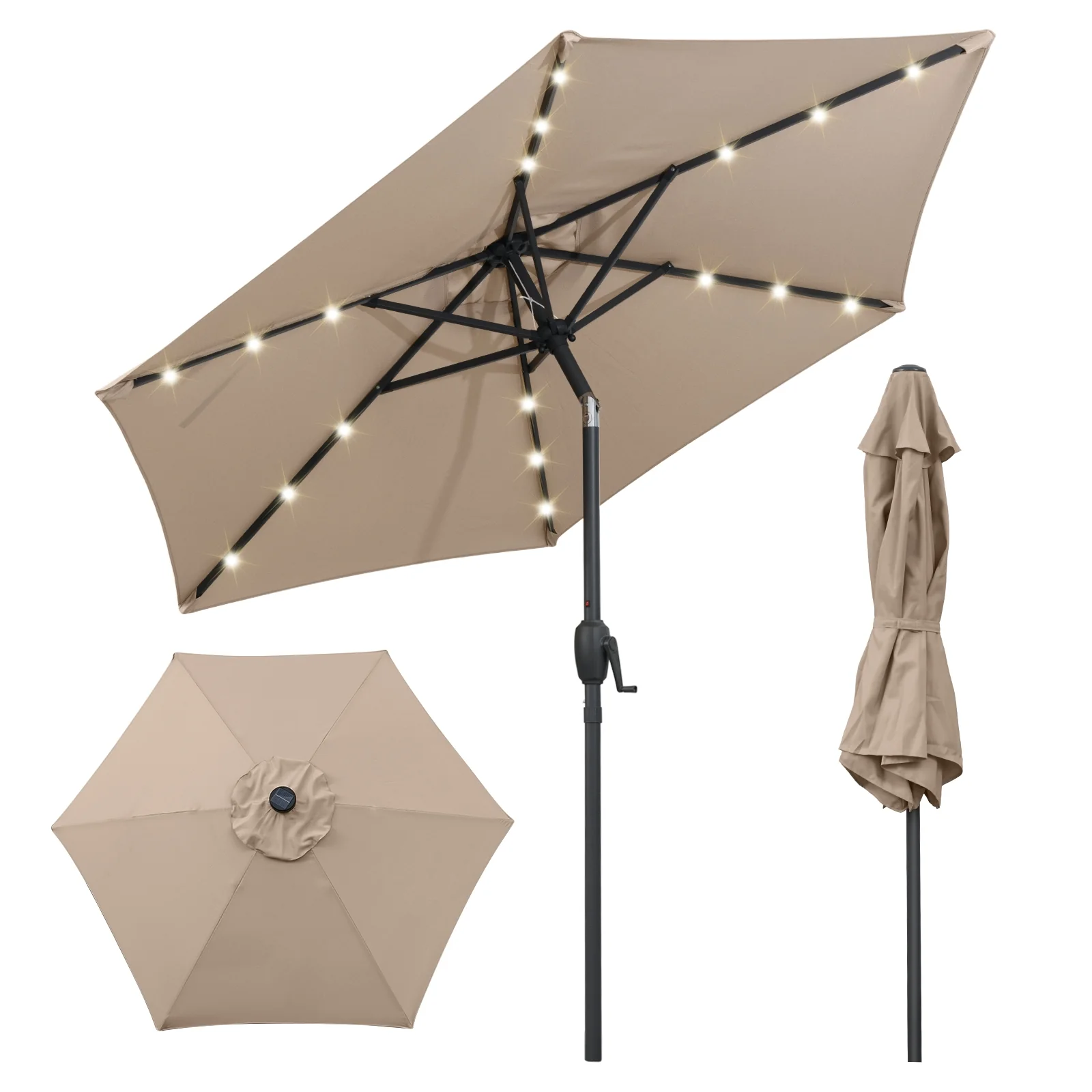 7.5 Feet Solar Powered Patio Umbrella with LED Lights and Crank Handle, Tan