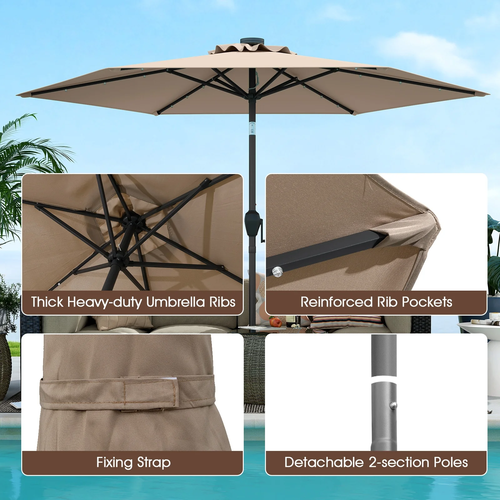 7.5 Feet Solar Powered Patio Umbrella with LED Lights and Crank Handle, Tan - Image 10