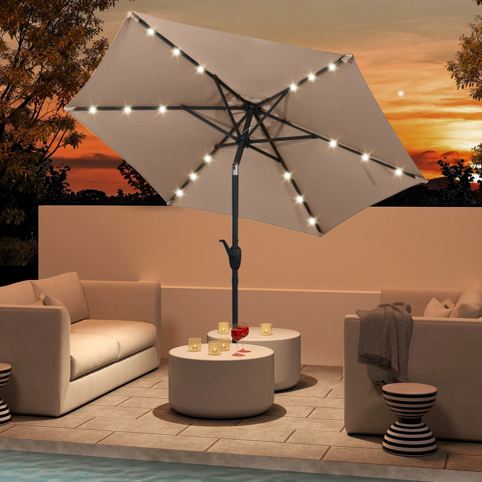 7.5 Feet Solar Powered Patio Umbrella with LED Lights and Crank Handle, Tan - Image 2