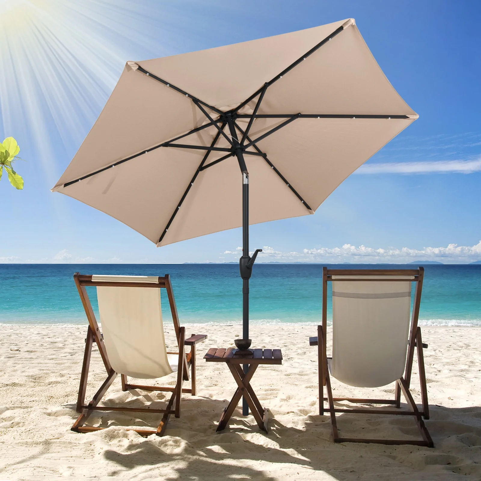 7.5 Feet Solar Powered Patio Umbrella with LED Lights and Crank Handle, Tan - Image 3