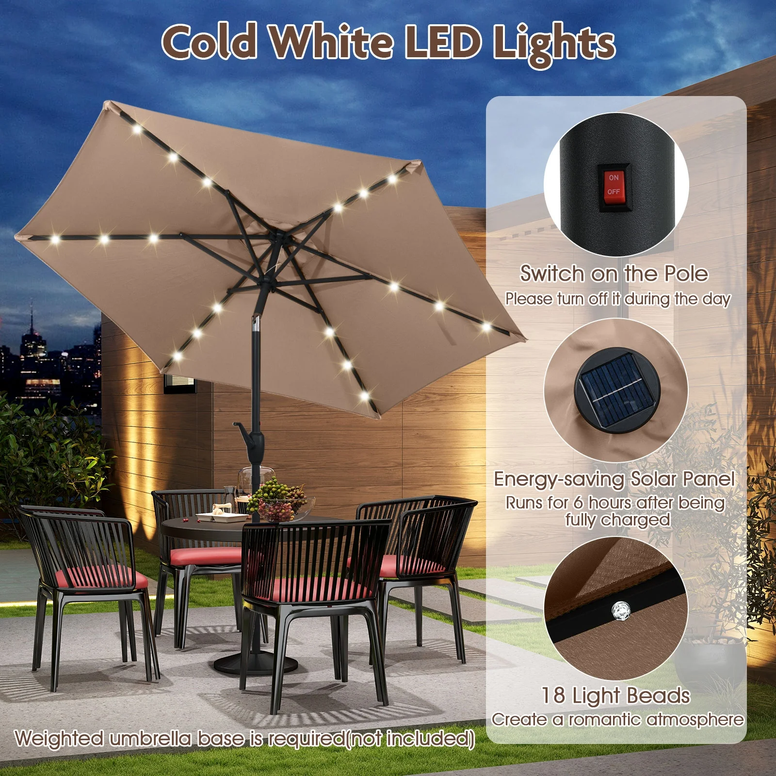 7.5 Feet Solar Powered Patio Umbrella with LED Lights and Crank Handle, Tan - Image 8