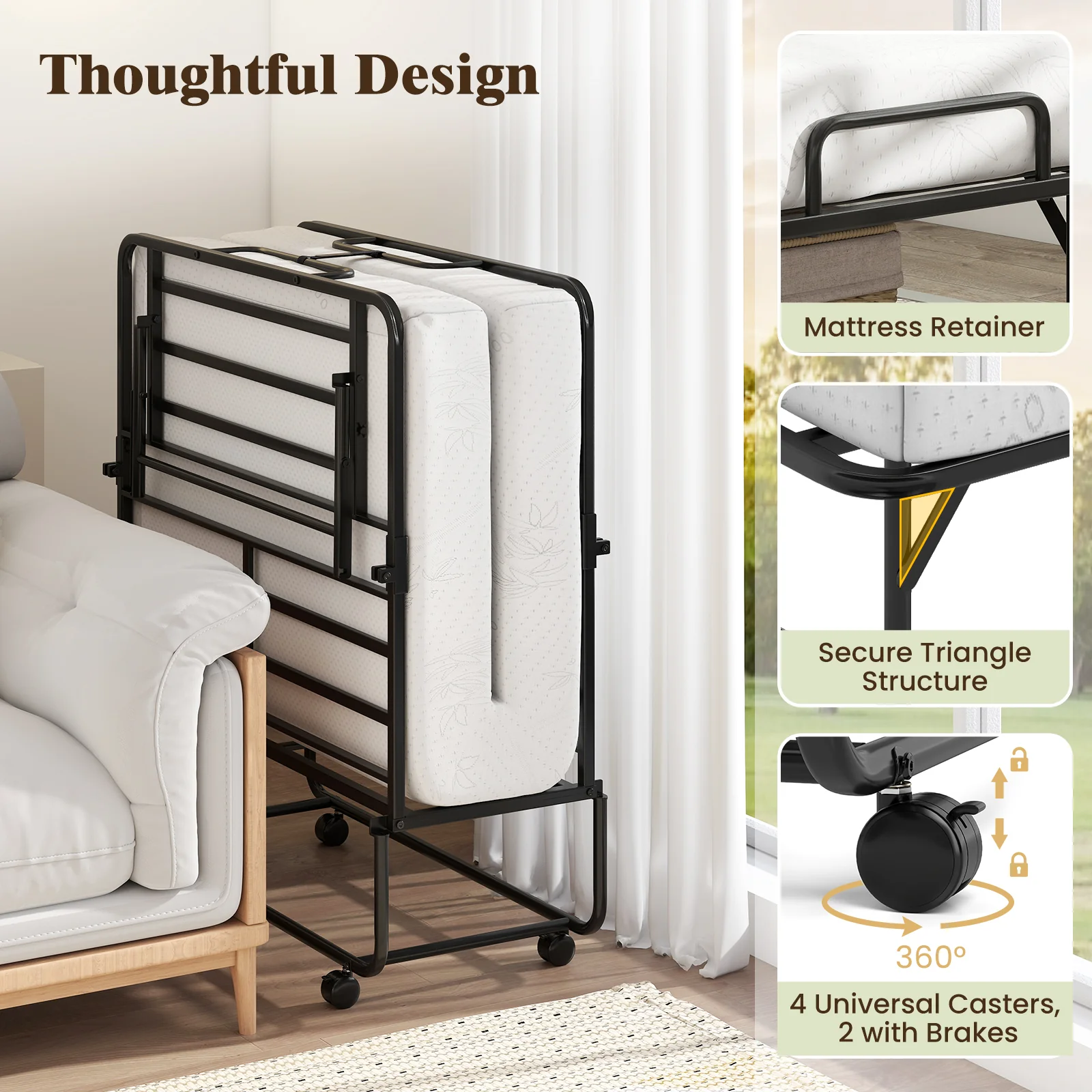 75 x 38 Inch Twin Size Folding Bed With Mattress, Rolling Guest Bed - Image 10
