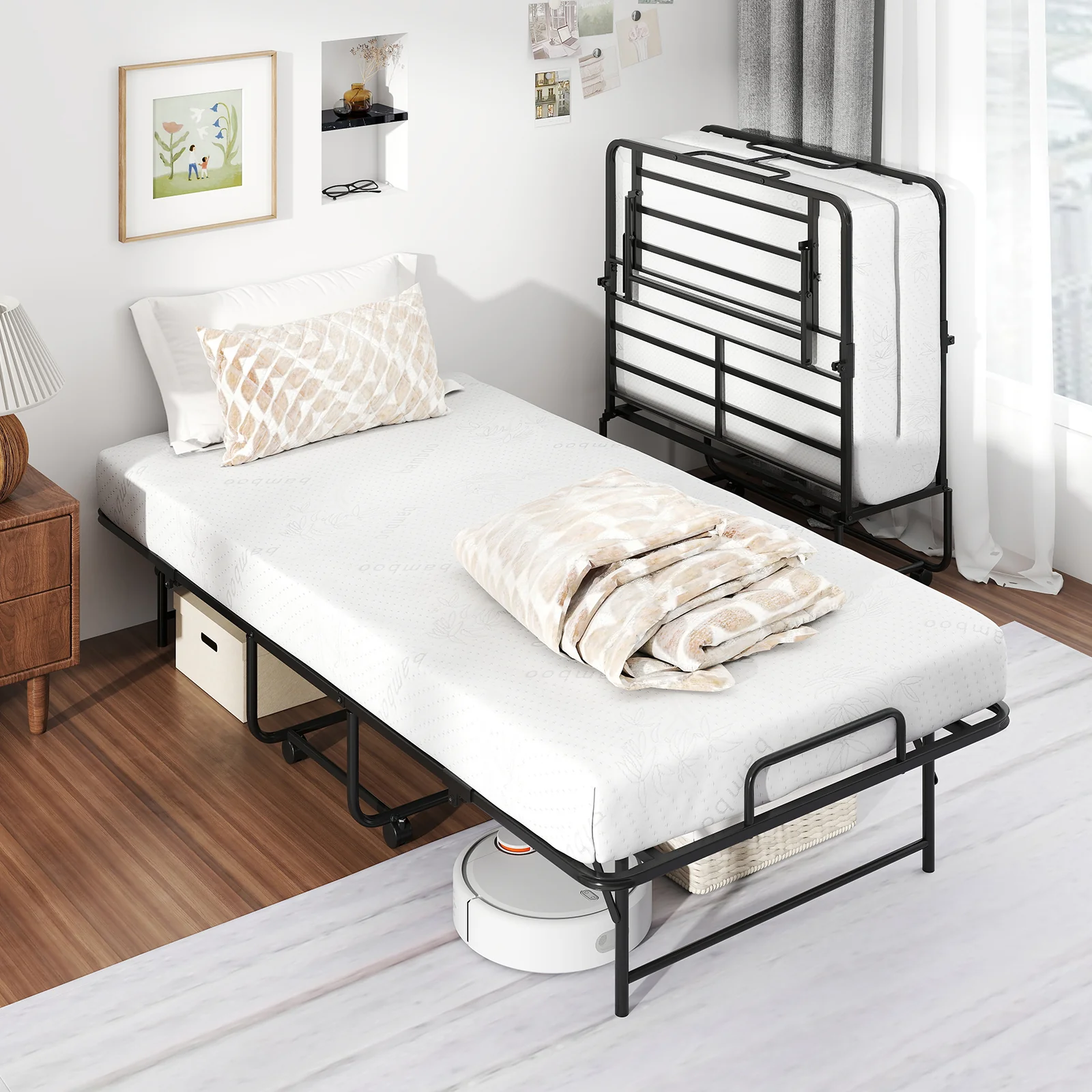 75 x 38 Inch Twin Size Folding Bed With Mattress, Rolling Guest Bed - Image 2