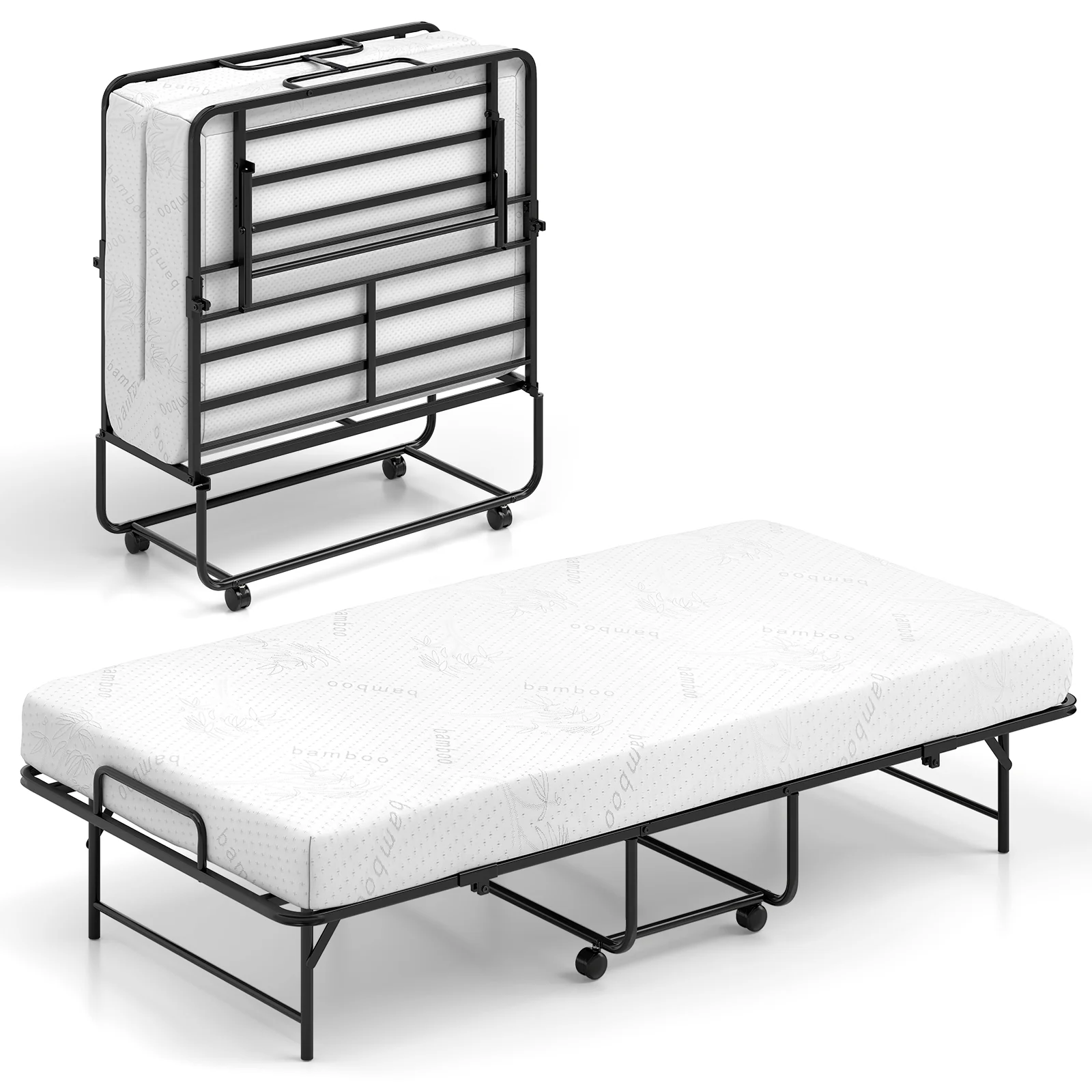 75 x 38 Inch Twin Size Folding Bed With Mattress, Rolling Guest Bed - Image 4