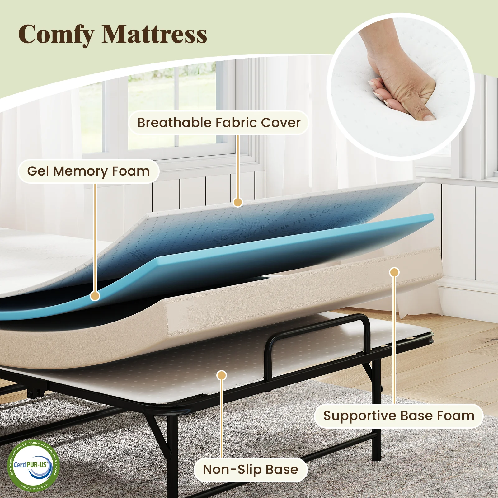 75 x 38 Inch Twin Size Folding Bed With Mattress, Rolling Guest Bed - Image 9