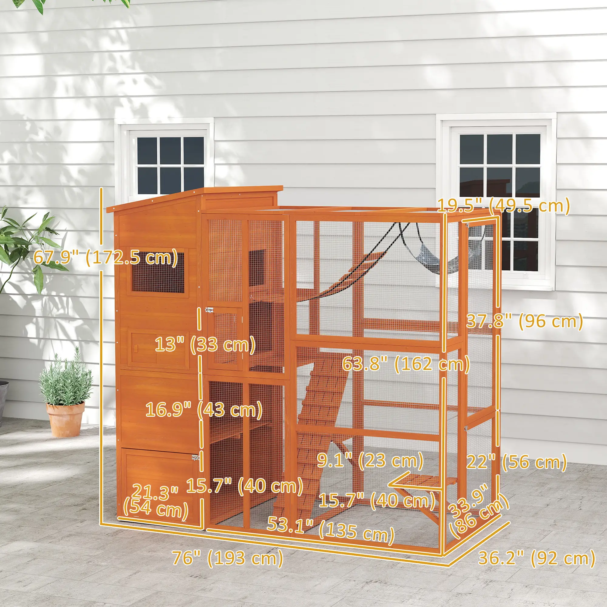76" Catio Outdoor Cat Enclosure, Condo, Platforms, Ladder, Ramps, Hammock, Orange - Image 3