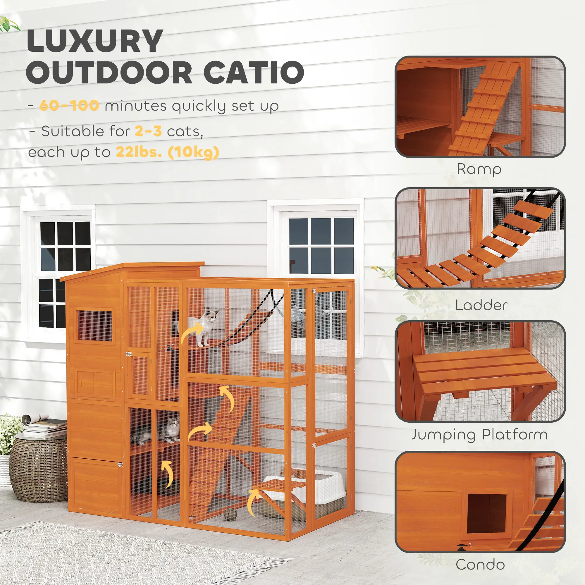 76" Catio Outdoor Cat Enclosure, Condo, Platforms, Ladder, Ramps, Hammock, Orange - Image 4