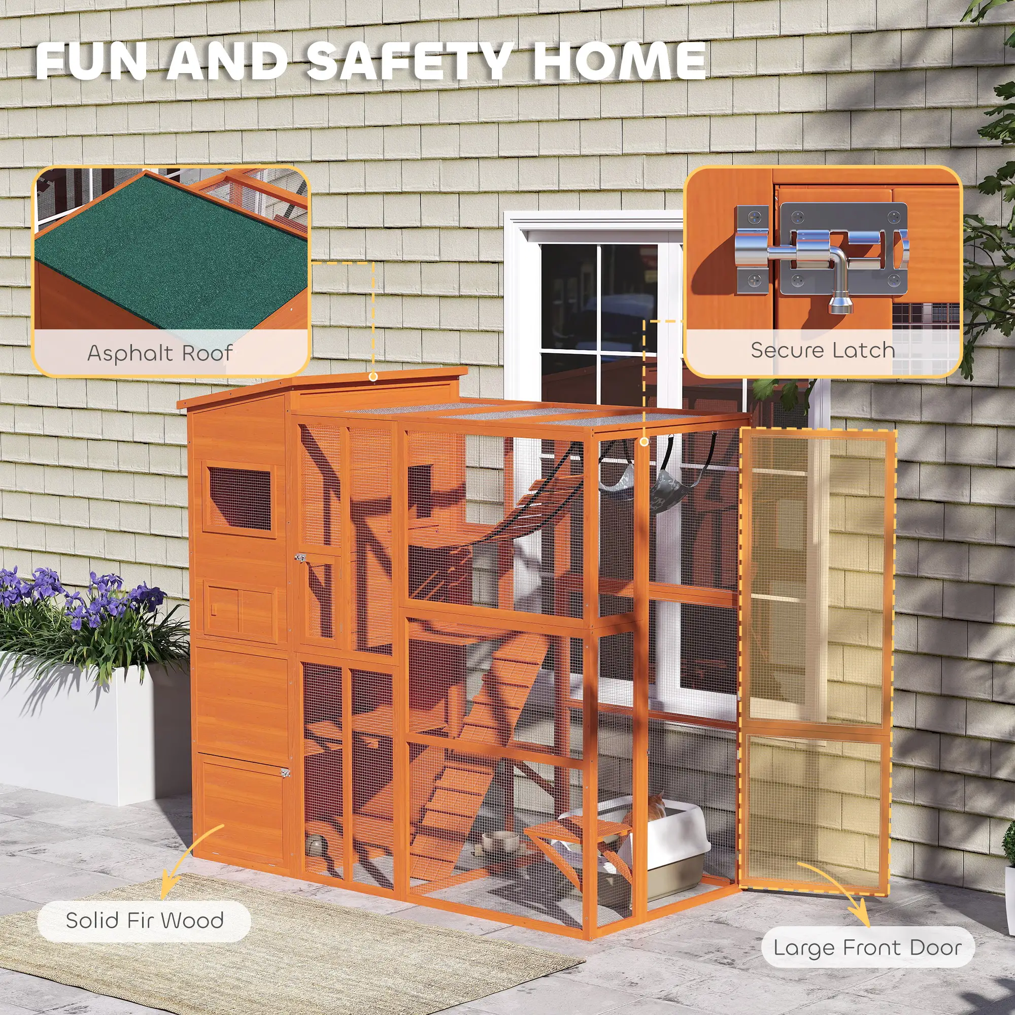 76" Catio Outdoor Cat Enclosure, Condo, Platforms, Ladder, Ramps, Hammock, Orange - Image 5