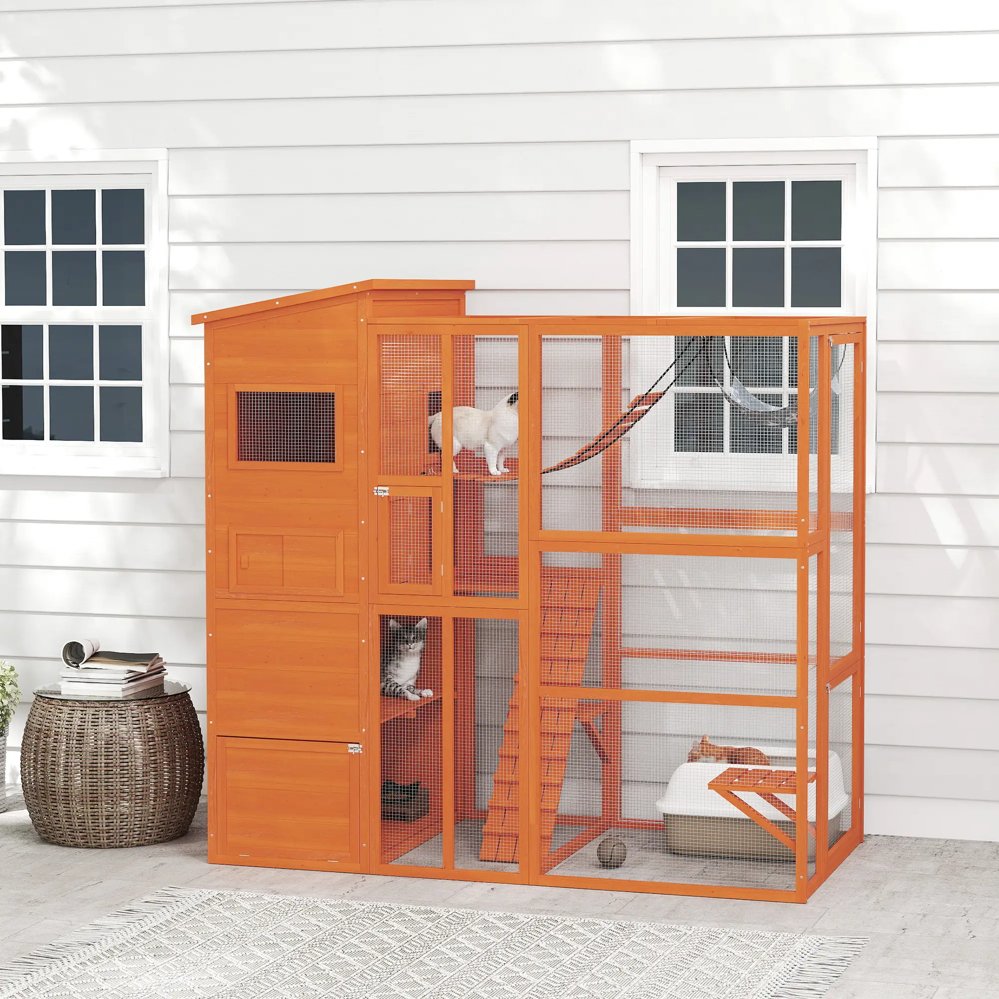 76" Catio Outdoor Cat Enclosure, Condo, Platforms, Ladder, Ramps, Hammock, Orange - Image 8