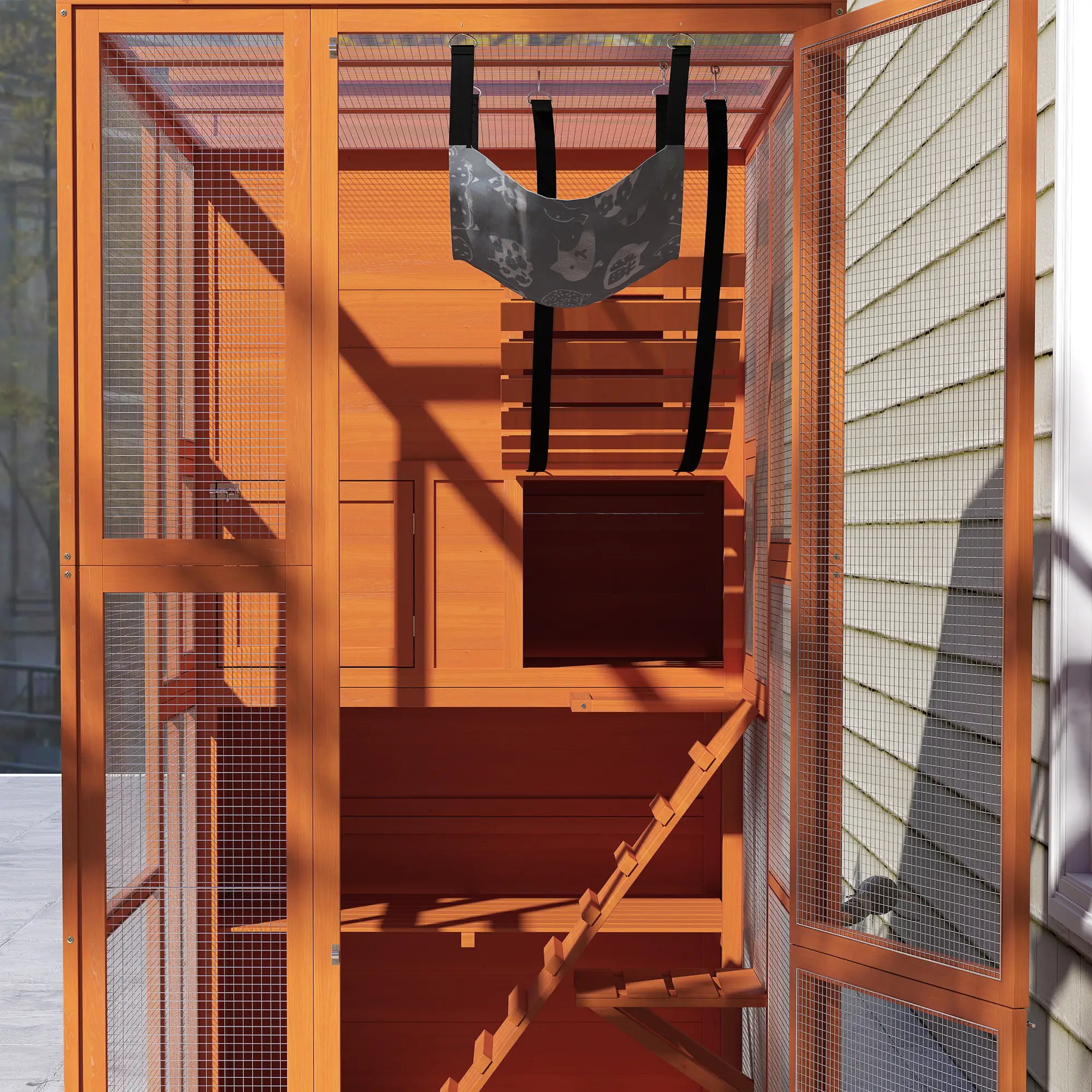 76" Catio Outdoor Cat Enclosure, Condo, Platforms, Ladder, Ramps, Hammock, Orange - Image 9