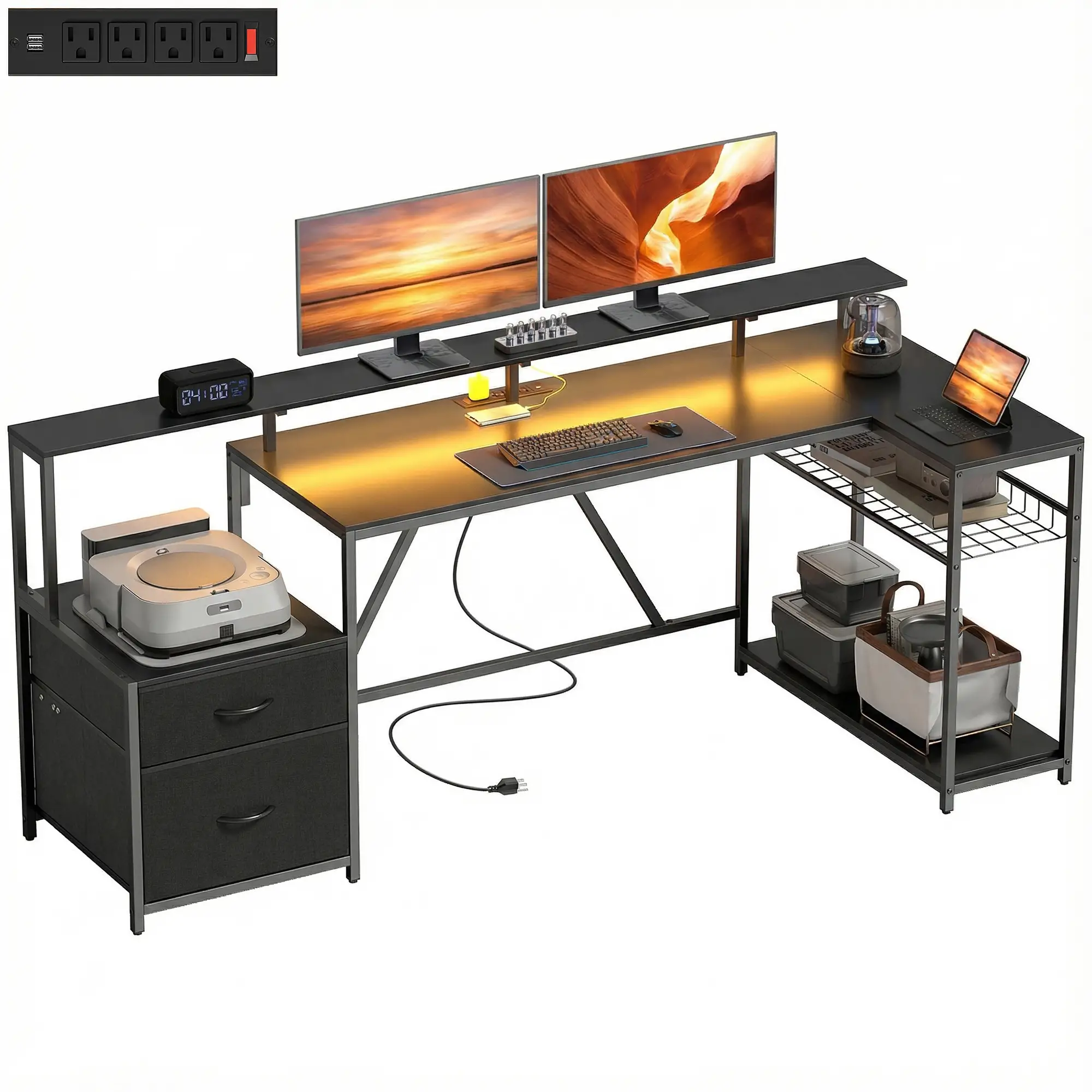 76" Gaming Desk, RGB Lights, USB Ports, Monitor Stand, Black - Image 11