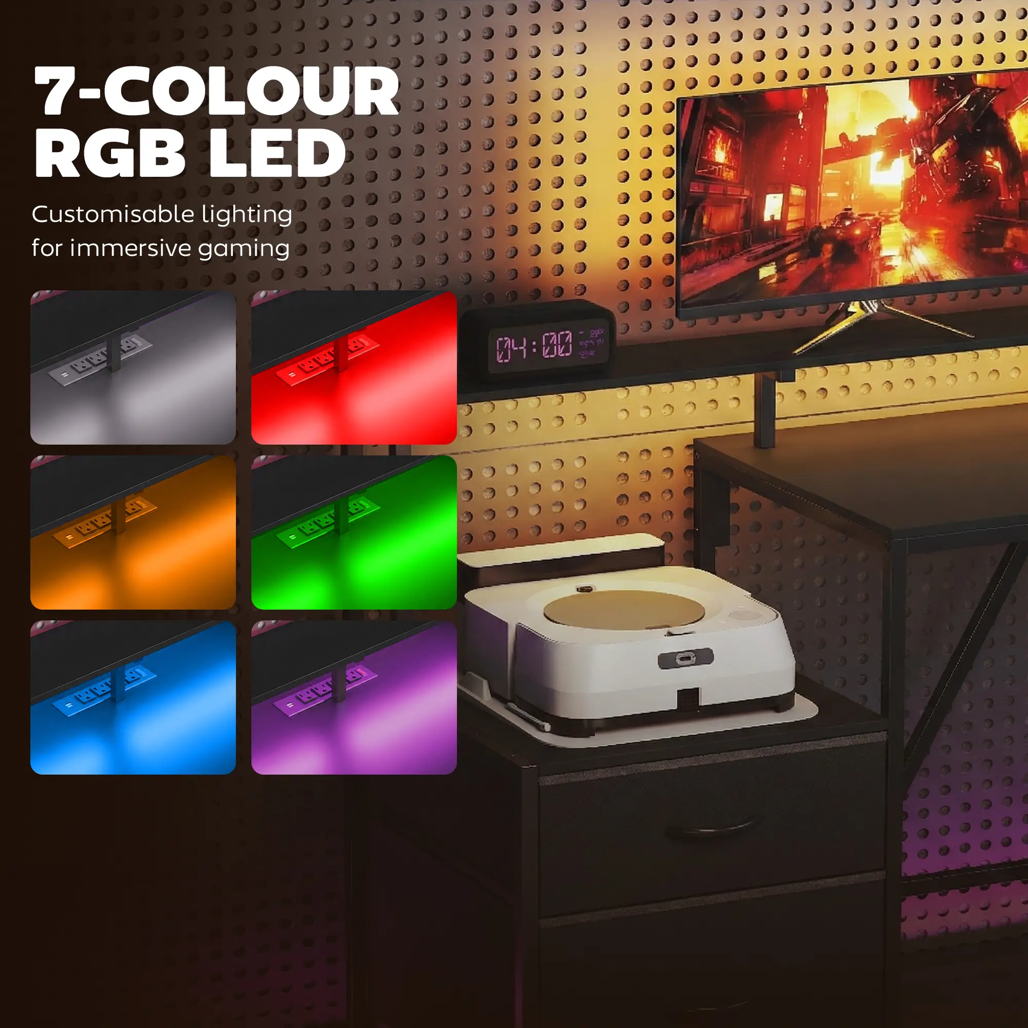76" Gaming Desk, RGB Lights, USB Ports, Monitor Stand, Black - Image 4