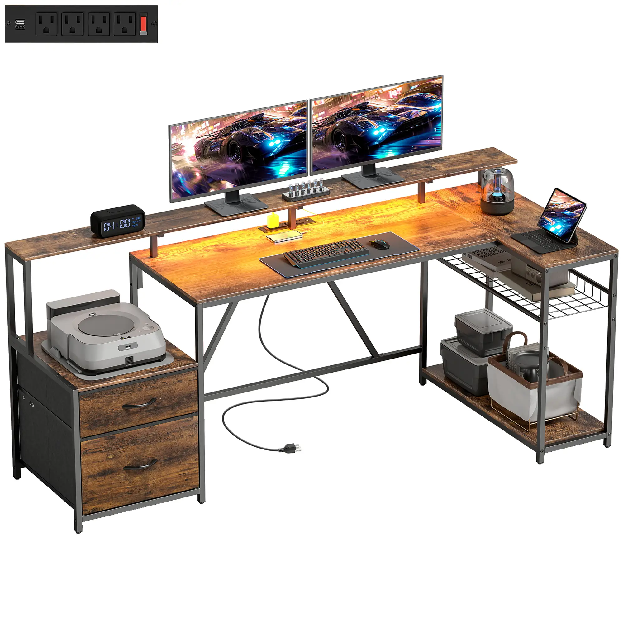 76" Gaming Desk, RGB Lights, USB Ports, Monitor Stand, Rustic Brown - Image 11