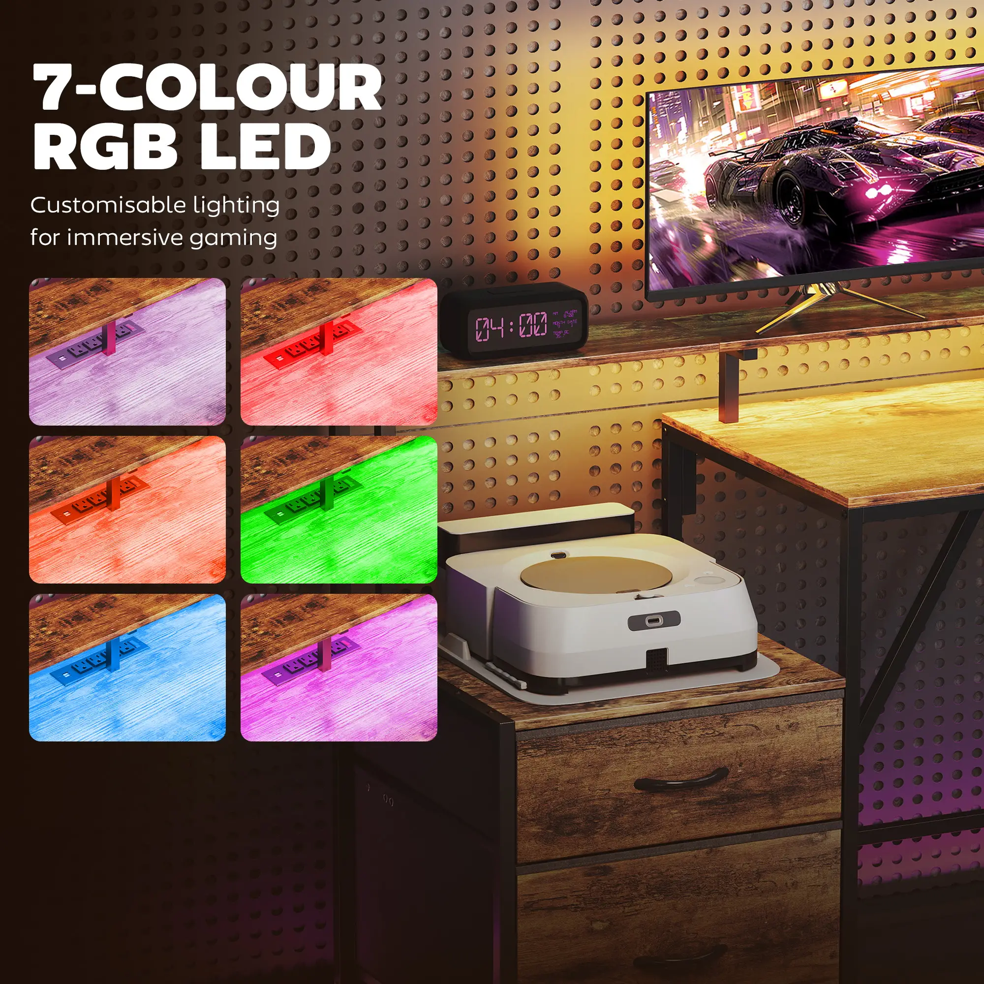 76" Gaming Desk, RGB Lights, USB Ports, Monitor Stand, Rustic Brown - Image 4