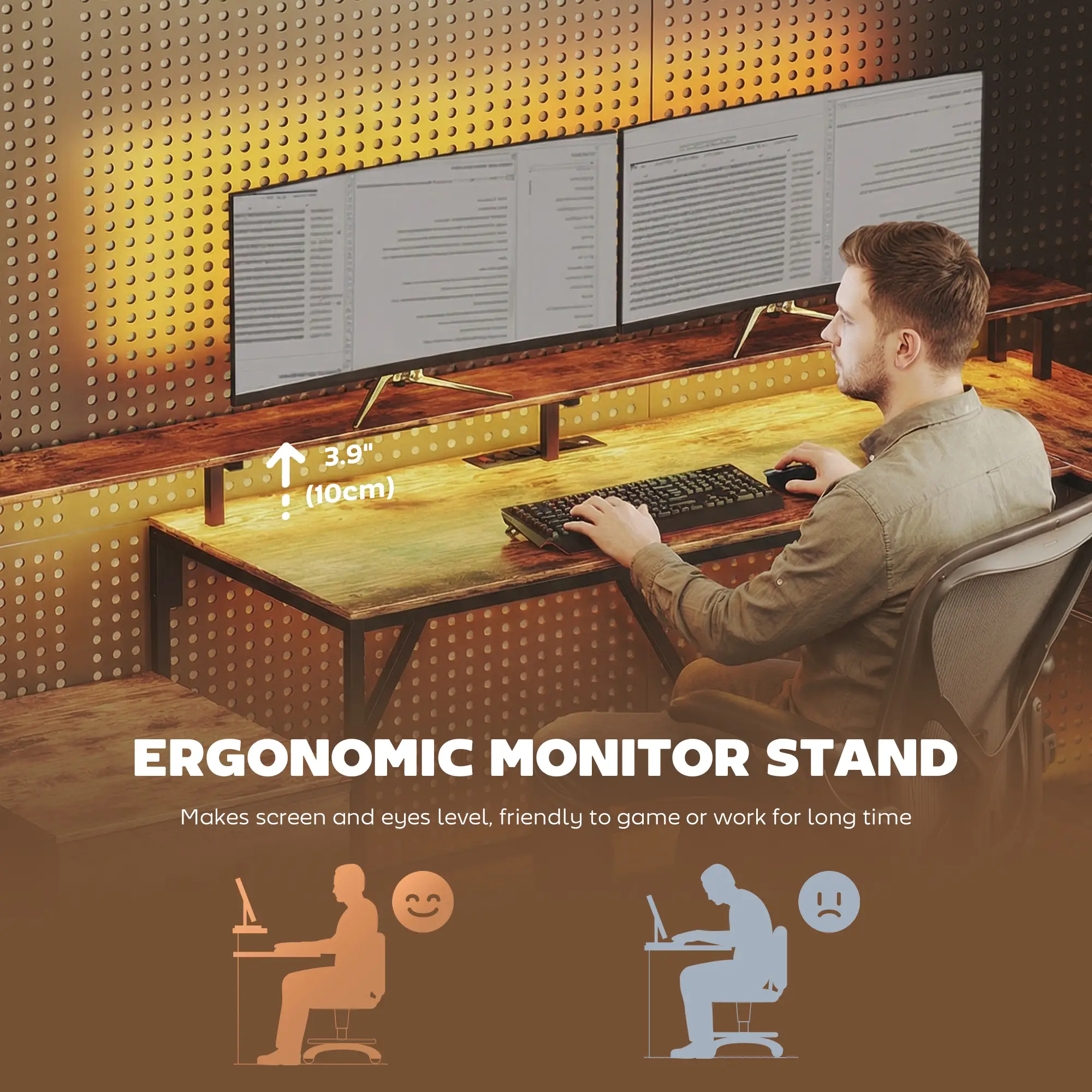 76" Gaming Desk, RGB Lights, USB Ports, Monitor Stand, Rustic Brown - Image 7