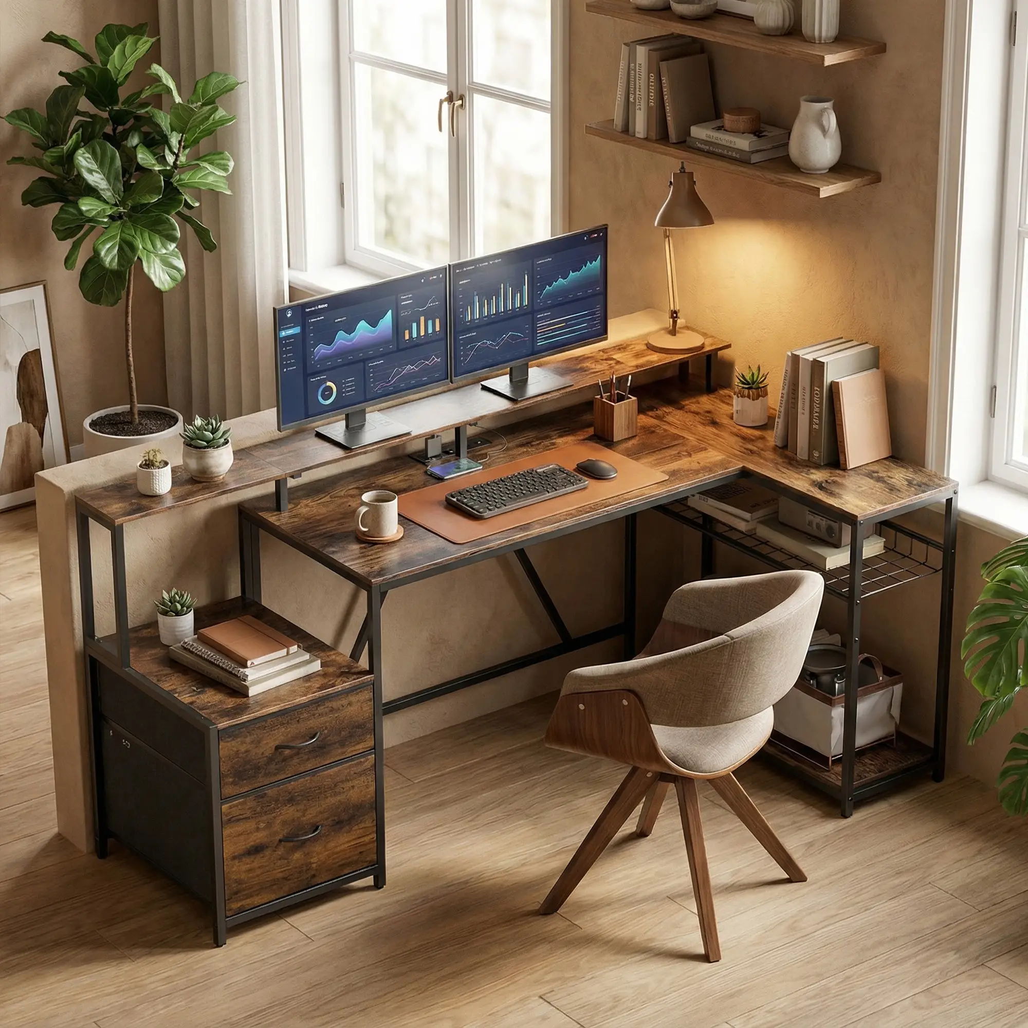 76" Gaming Desk, RGB Lights, USB Ports, Monitor Stand, Rustic Brown - Image 9