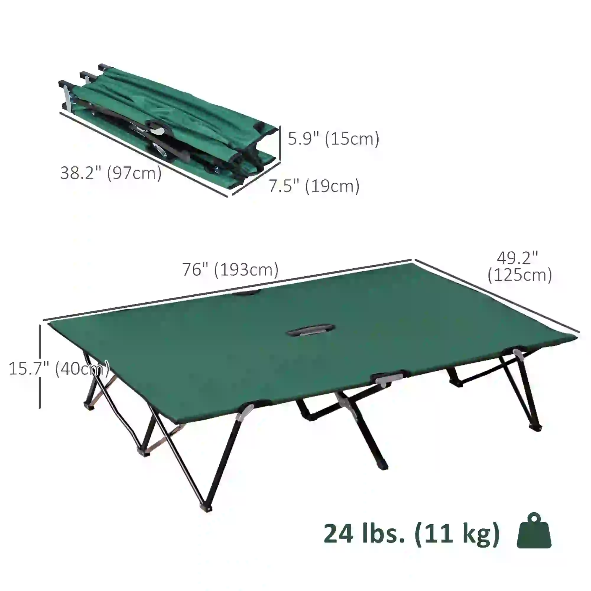 76" Two Person Folding Camping Cot, Portable Military Bed, Green - Image 3