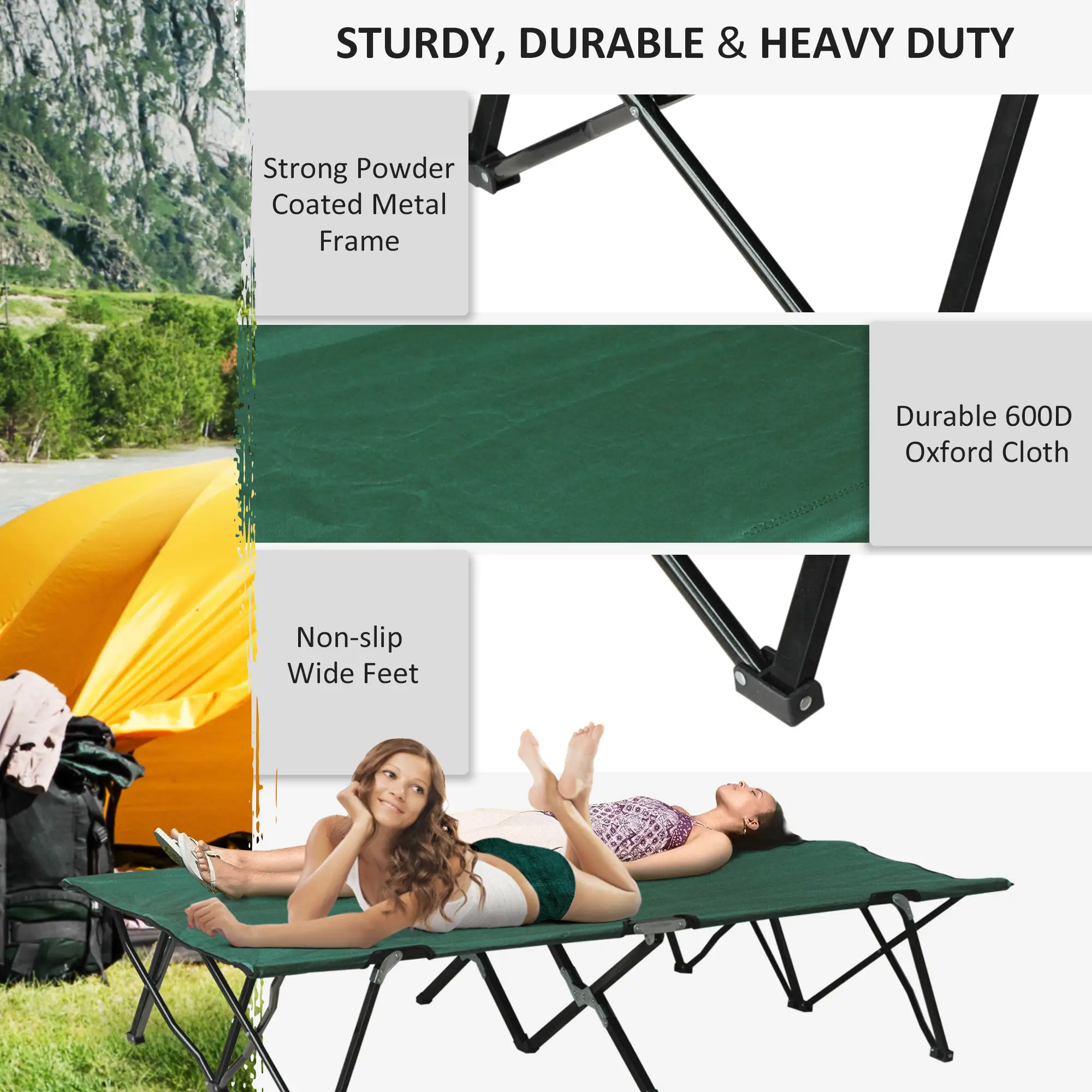 76" Two Person Folding Camping Cot, Portable Military Bed, Green - Image 4
