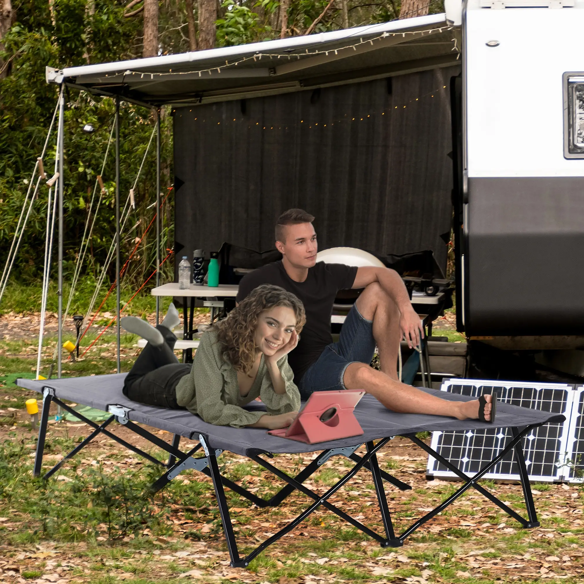 76" Two Person Folding Camping Cot, Portable Military Bed, Grey - Image 2