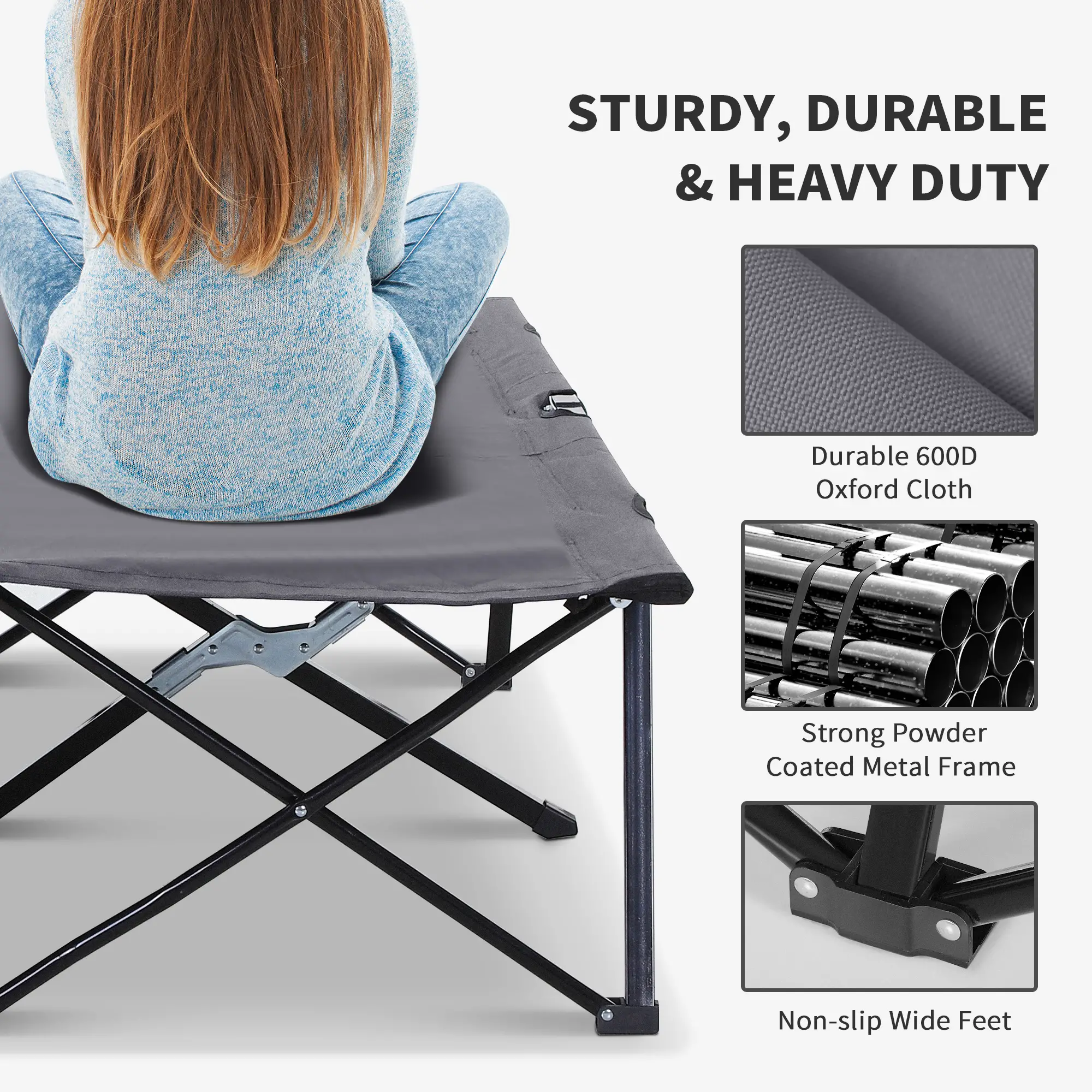 76" Two Person Folding Camping Cot, Portable Military Bed, Grey - Image 4