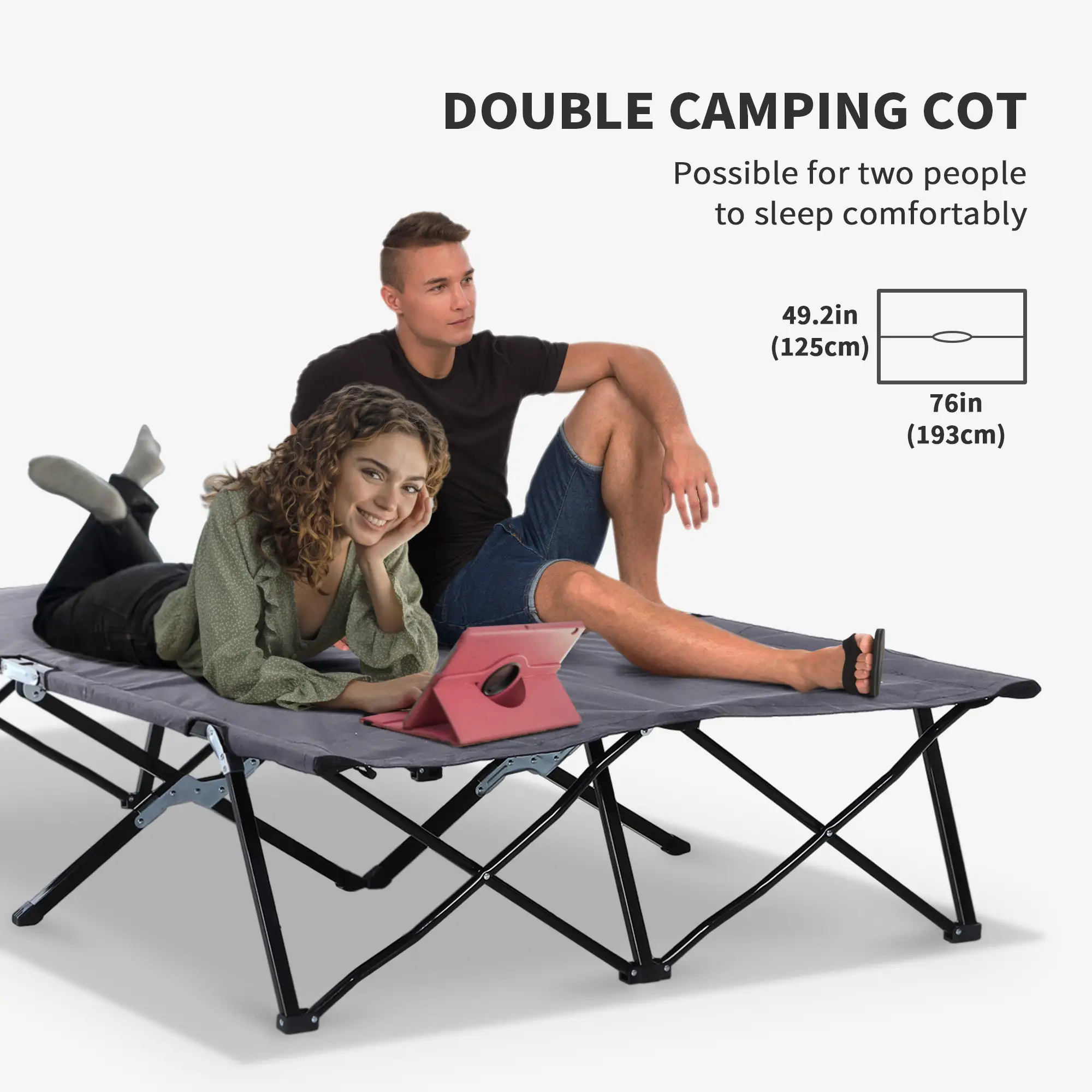 76" Two Person Folding Camping Cot, Portable Military Bed, Grey - Image 6